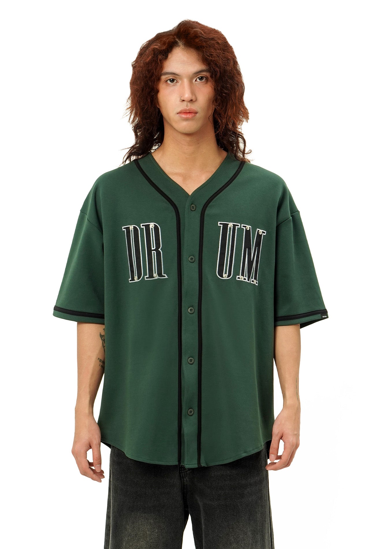 DRUM SELECT Studded PU Embroidery Baseball Shirt- Dark Green