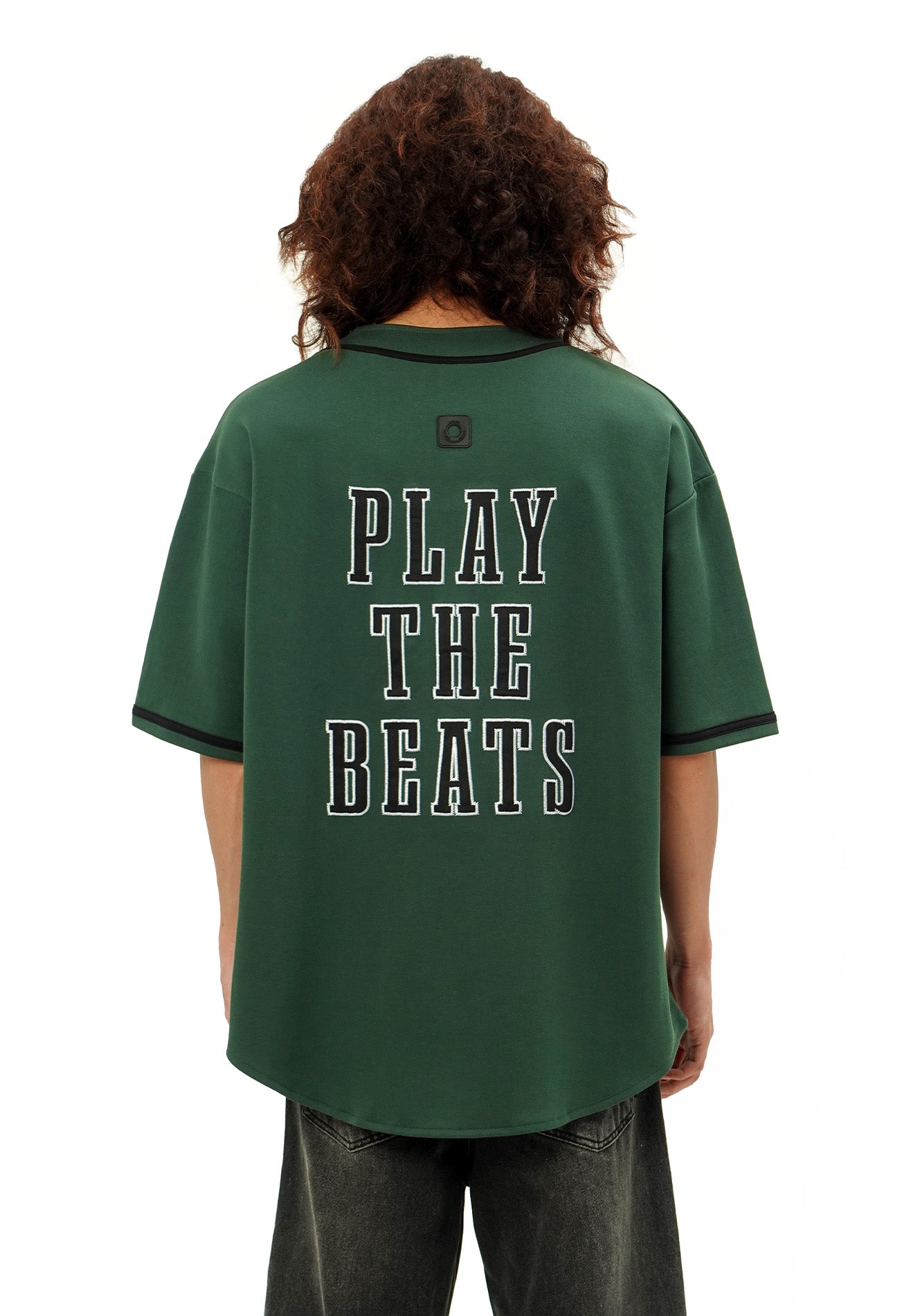 DRUM SELECT Studded PU Embroidery Baseball Shirt- Dark Green