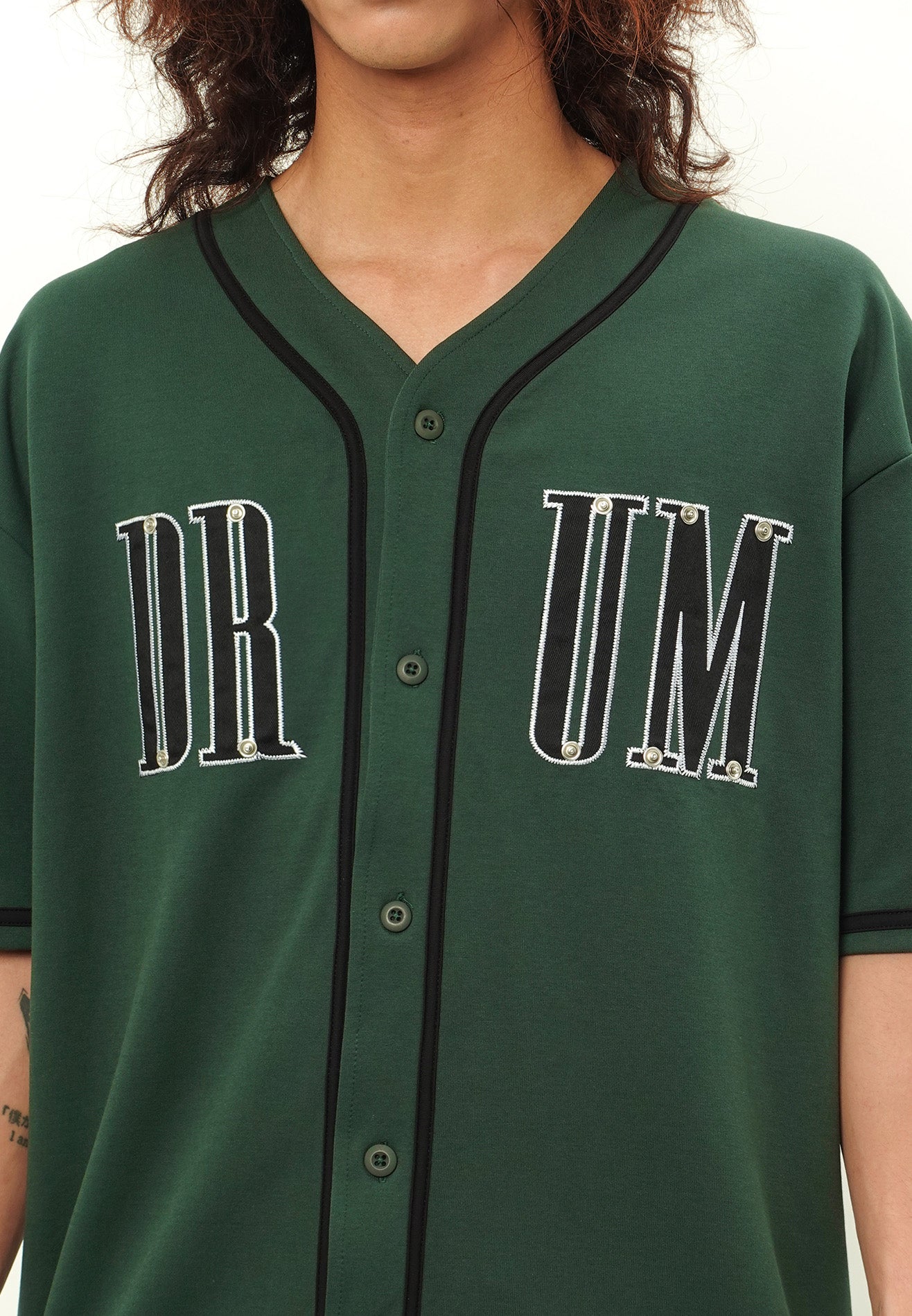 DRUM SELECT Studded PU Embroidery Baseball Shirt- Dark Green
