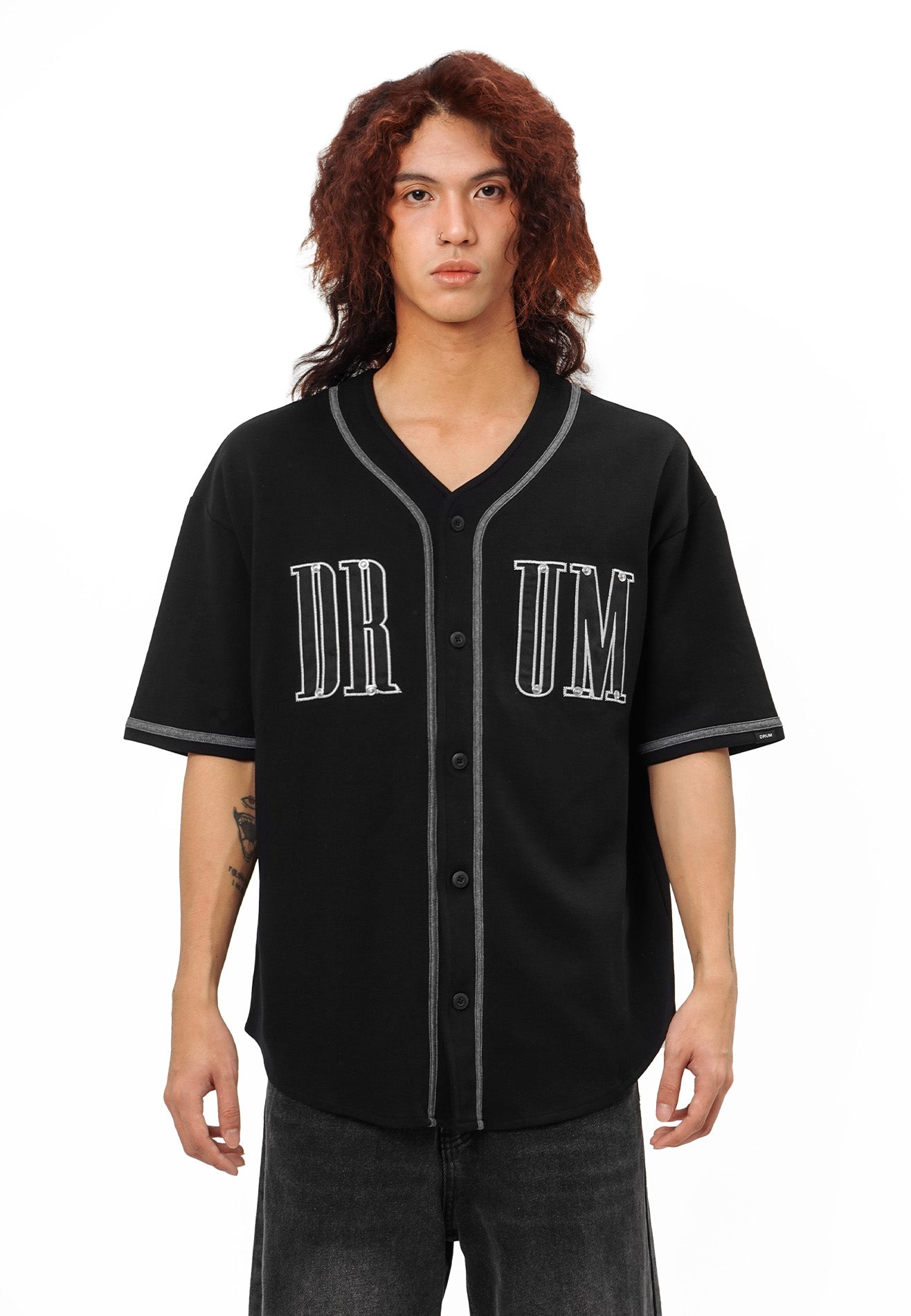 DRUM SELECT Studded PU Embroidery Baseball Shirt- Black