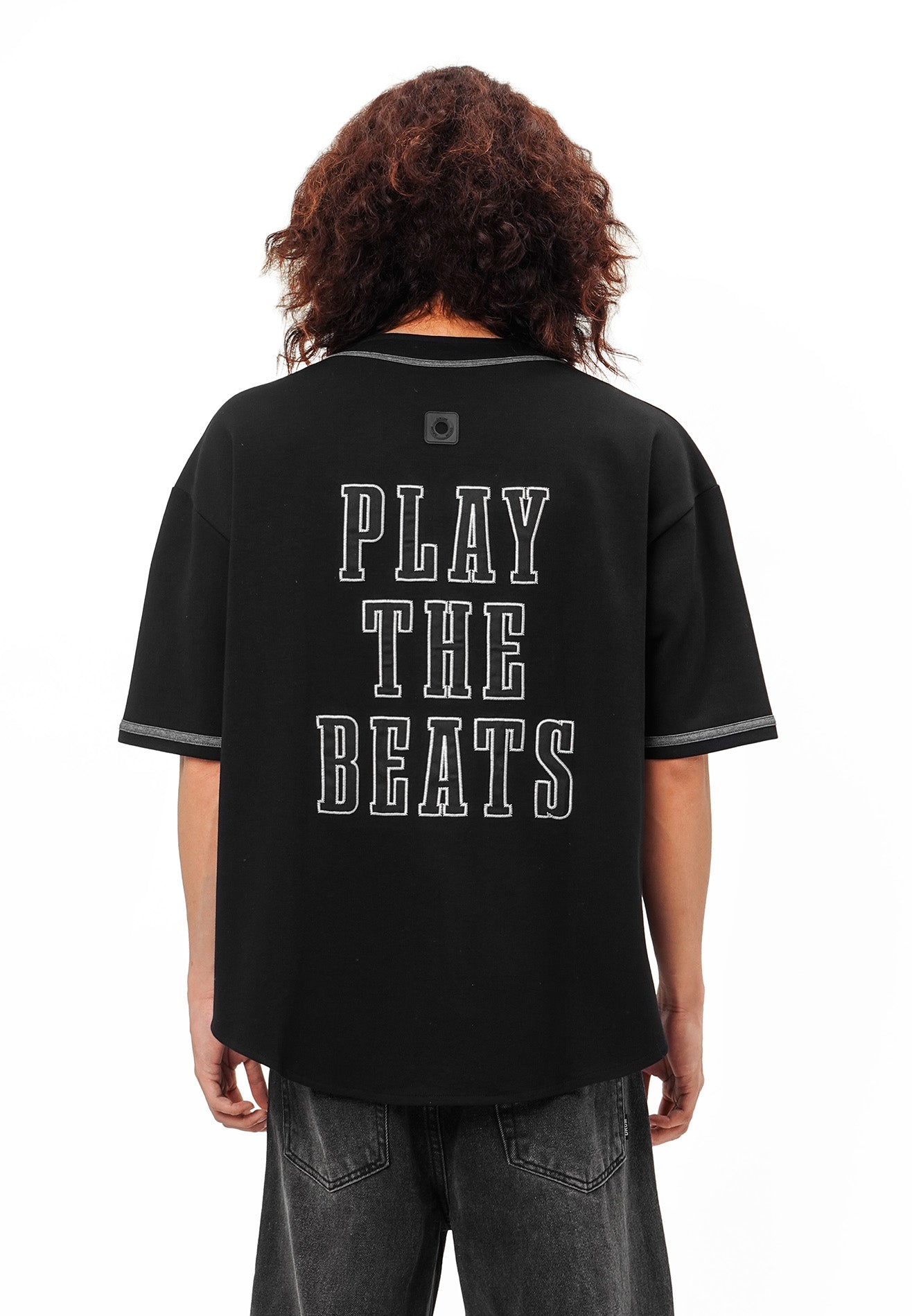 DRUM SELECT Studded PU Embroidery Baseball Shirt- Black