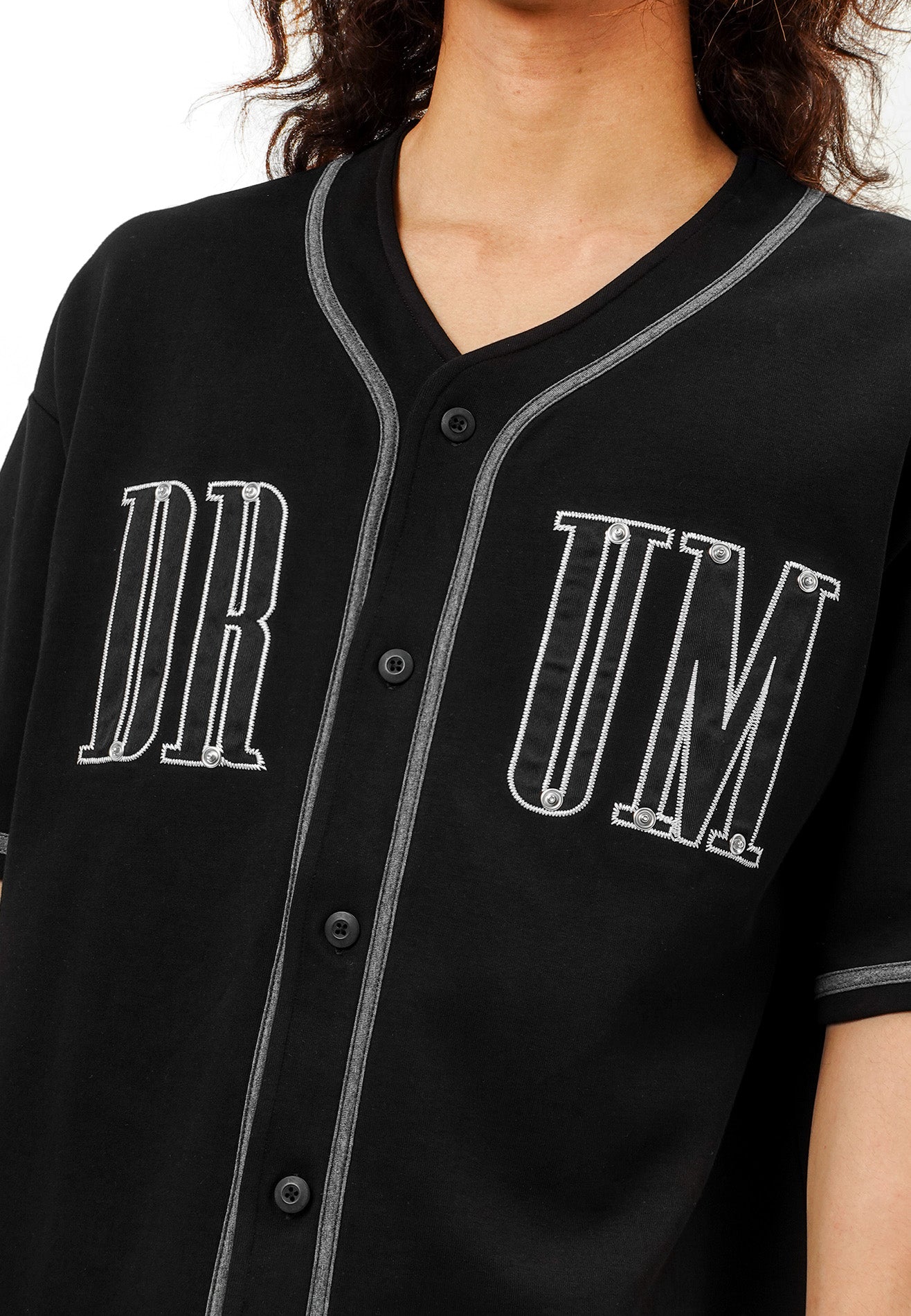 DRUM SELECT Studded PU Embroidery Baseball Shirt- Black