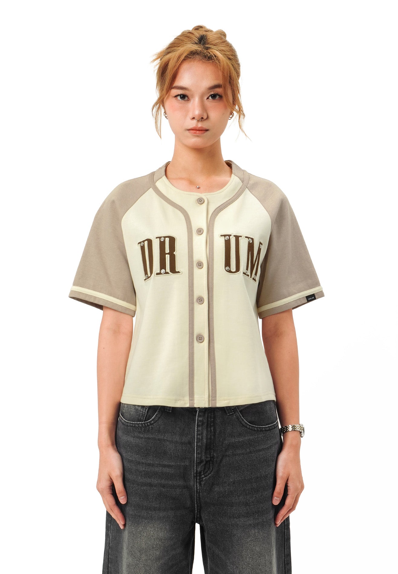 DRUM SELECT Women Applique Embroidery Baseball Shirt- Light Khaki