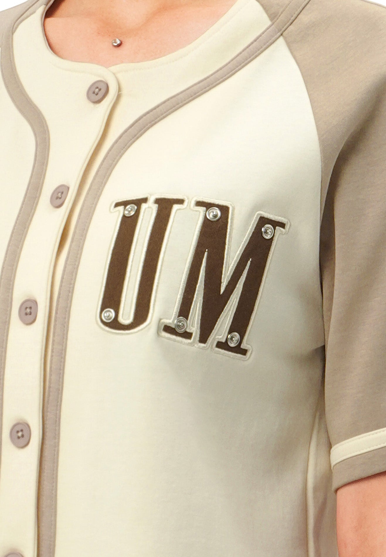 DRUM SELECT Women Applique Embroidery Baseball Shirt- Light Khaki