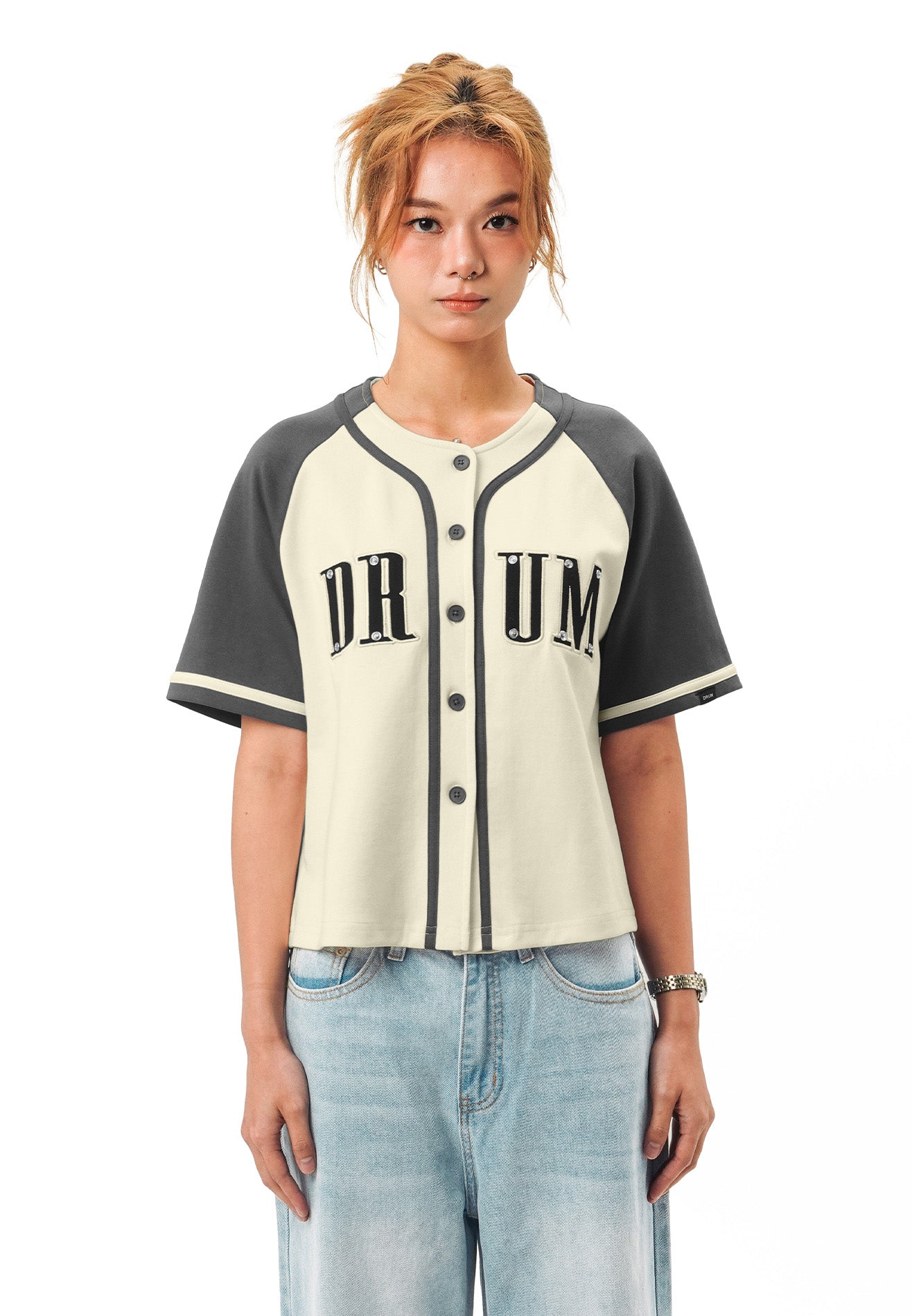 DRUM SELECT Women Applique Embroidery Baseball Shirt- Dark Grey