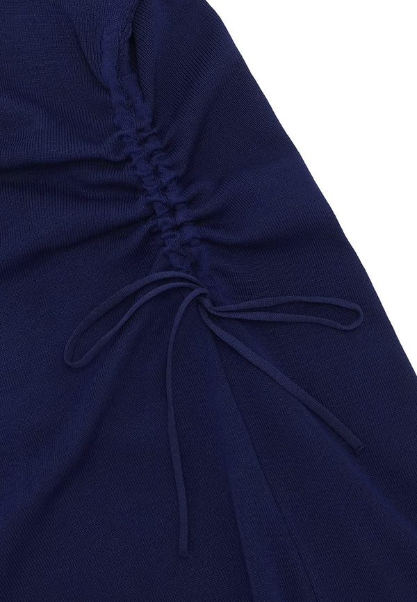 Contrast Collar Side Drawstring Knit Dress- Navy