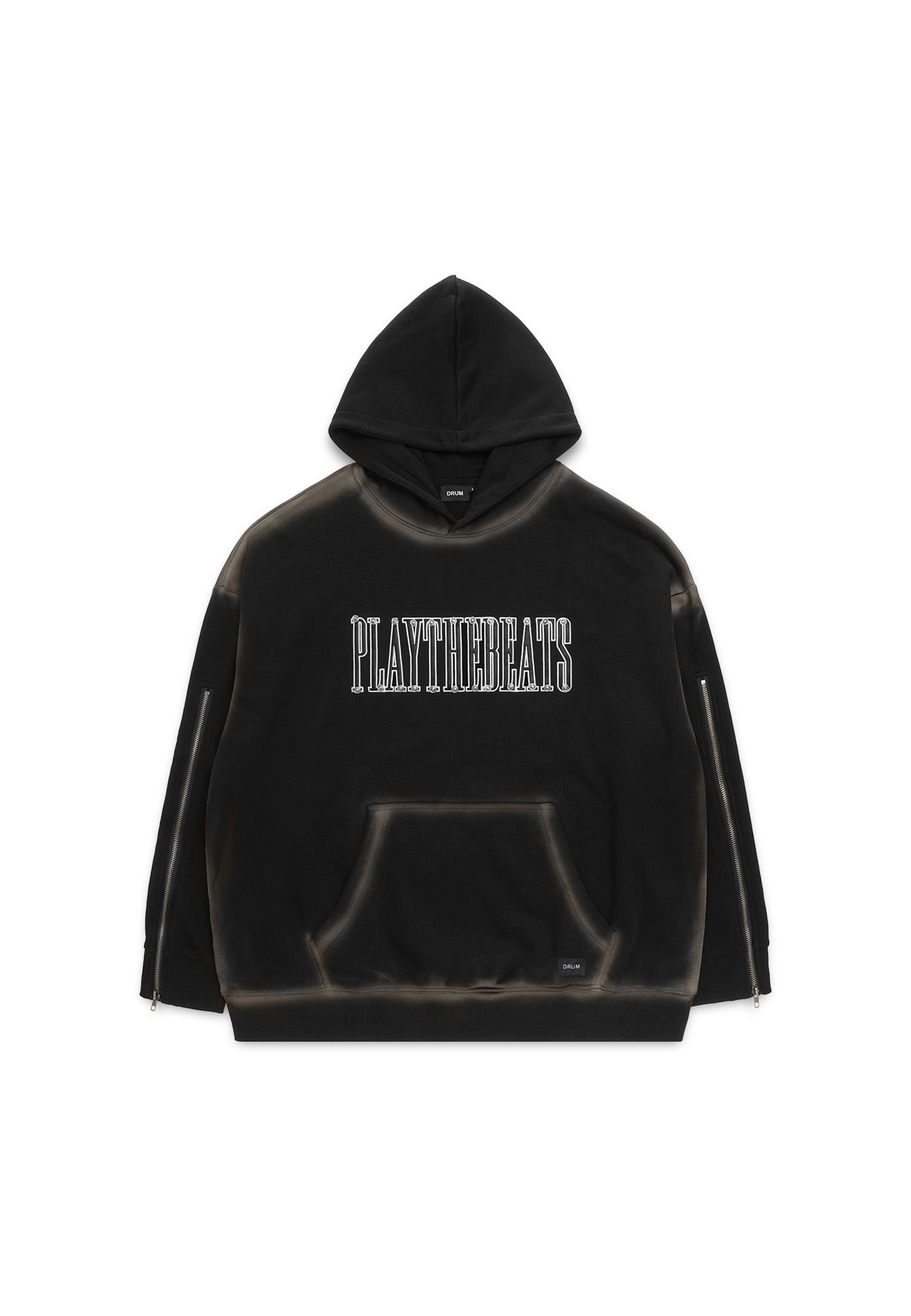 DRUM SELECT Studded Embroidery PU Long Sleeve Zip Hoodie- Black