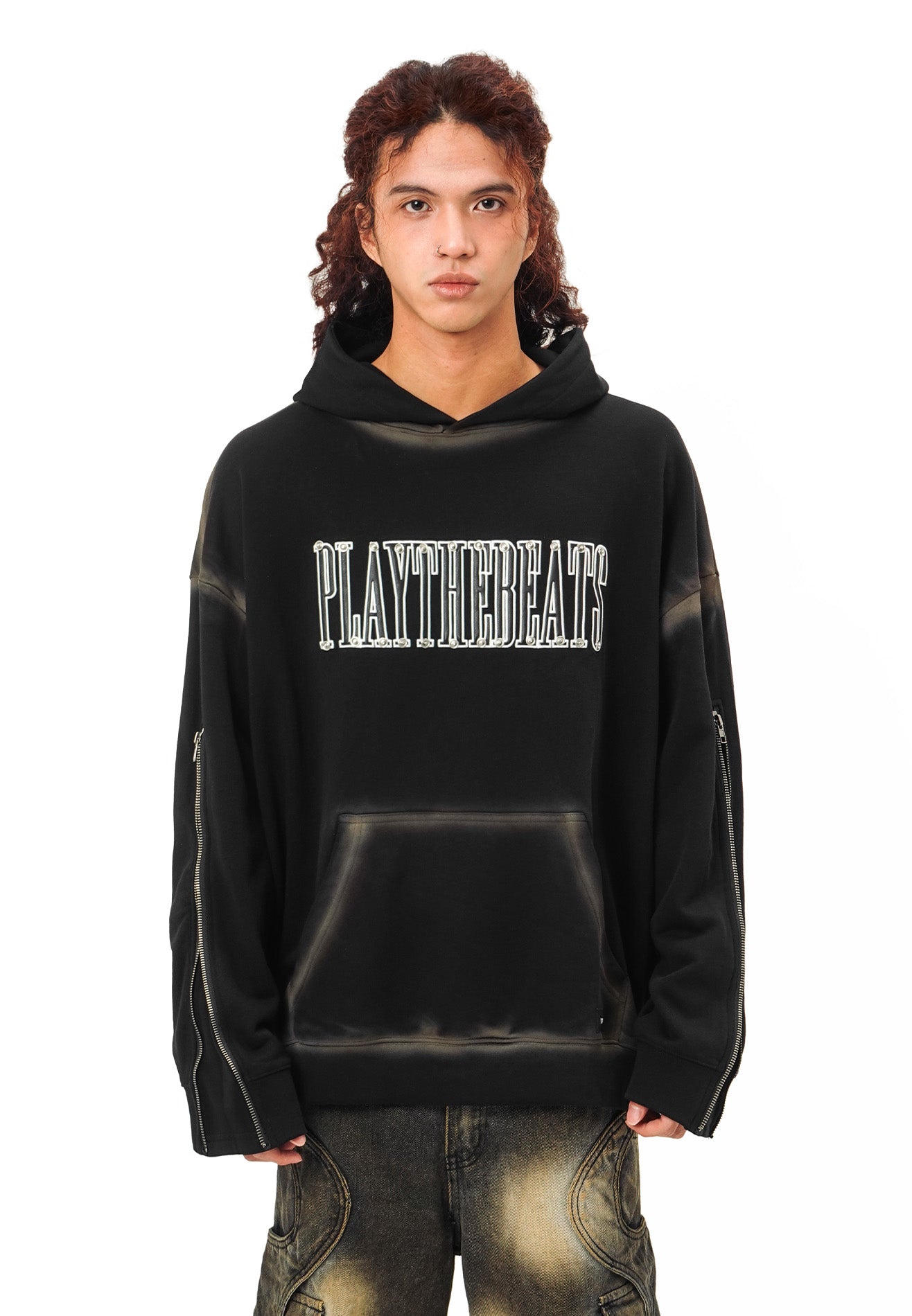 DRUM SELECT Studded Embroidery PU Long Sleeve Zip Hoodie- Black