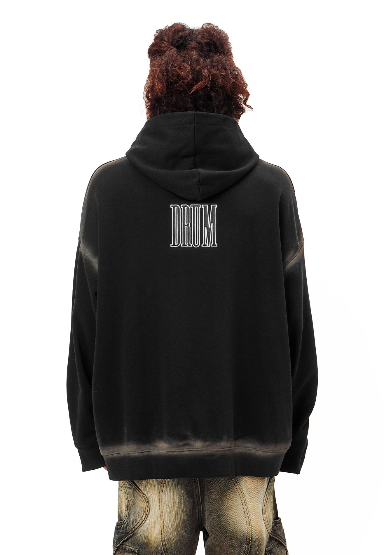 DRUM SELECT Studded Embroidery PU Long Sleeve Zip Hoodie- Black
