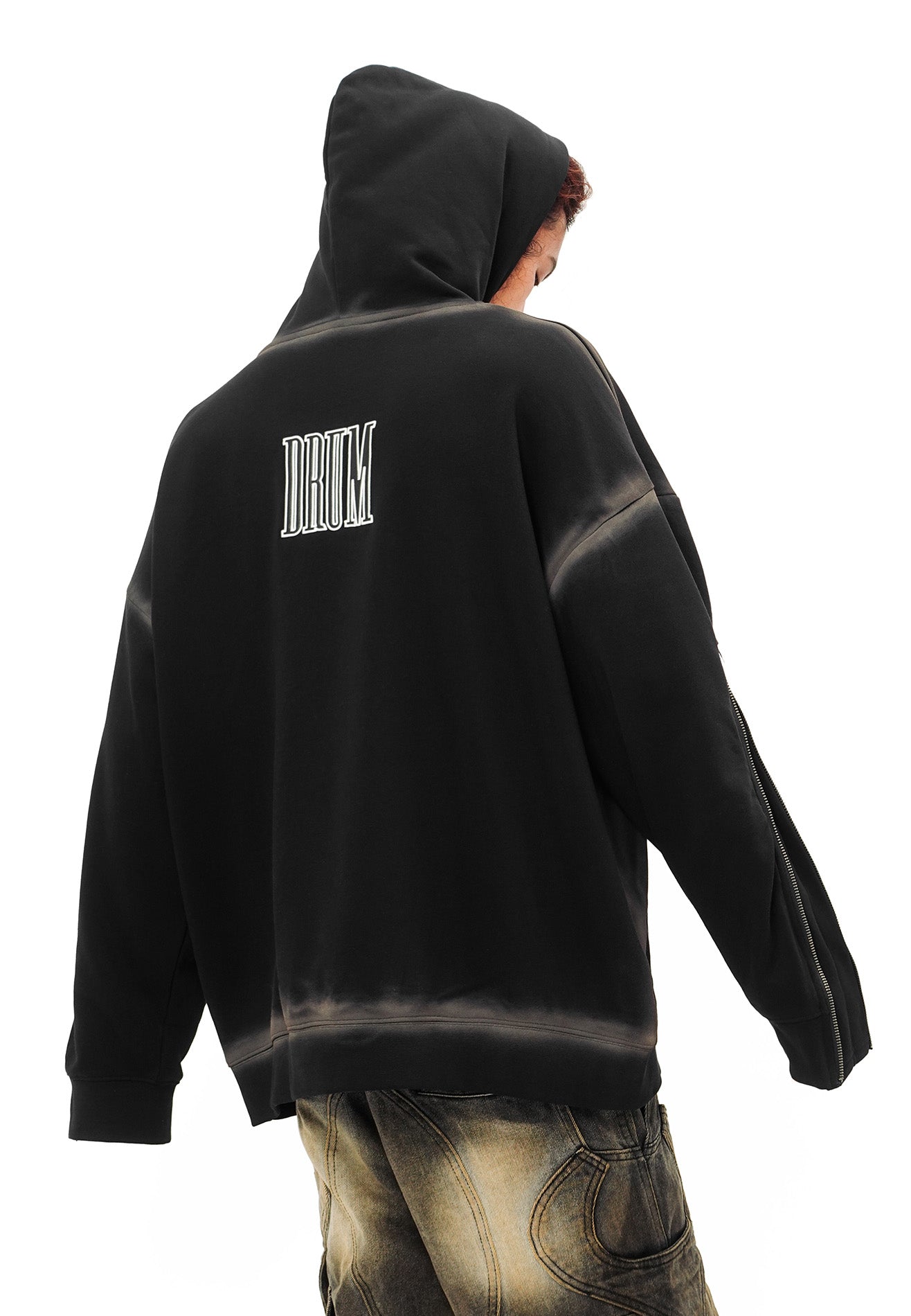 DRUM SELECT Studded Embroidery PU Long Sleeve Zip Hoodie- Black