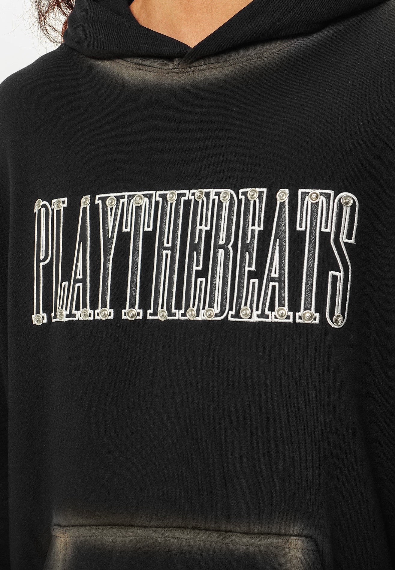 DRUM SELECT Studded Embroidery PU Long Sleeve Zip Hoodie- Black