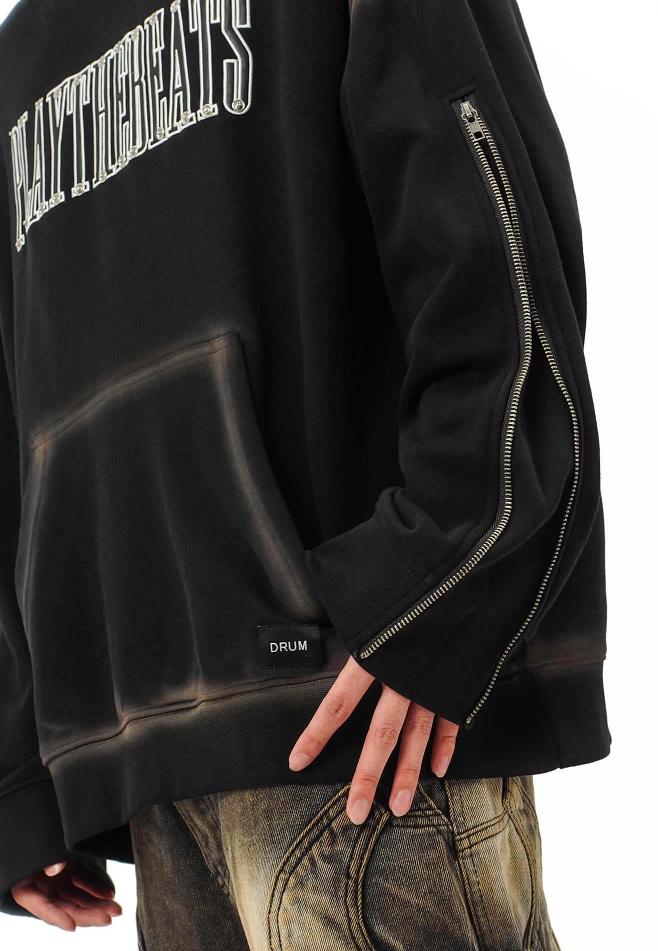 DRUM SELECT Studded Embroidery PU Long Sleeve Zip Hoodie- Black