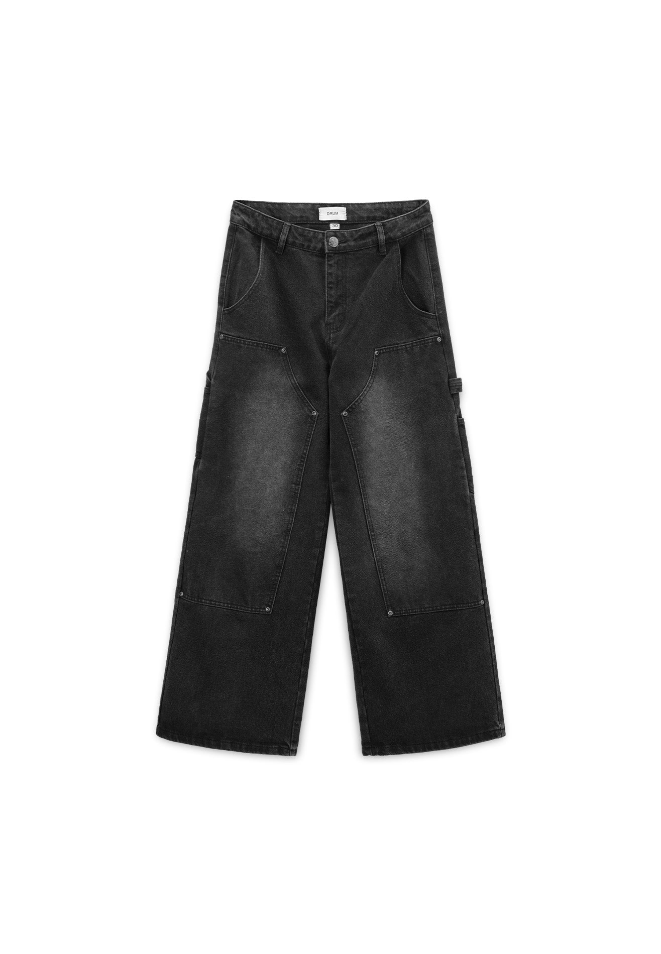 DRUM S. Men Classic Double Knee Baggy Jeans- Black