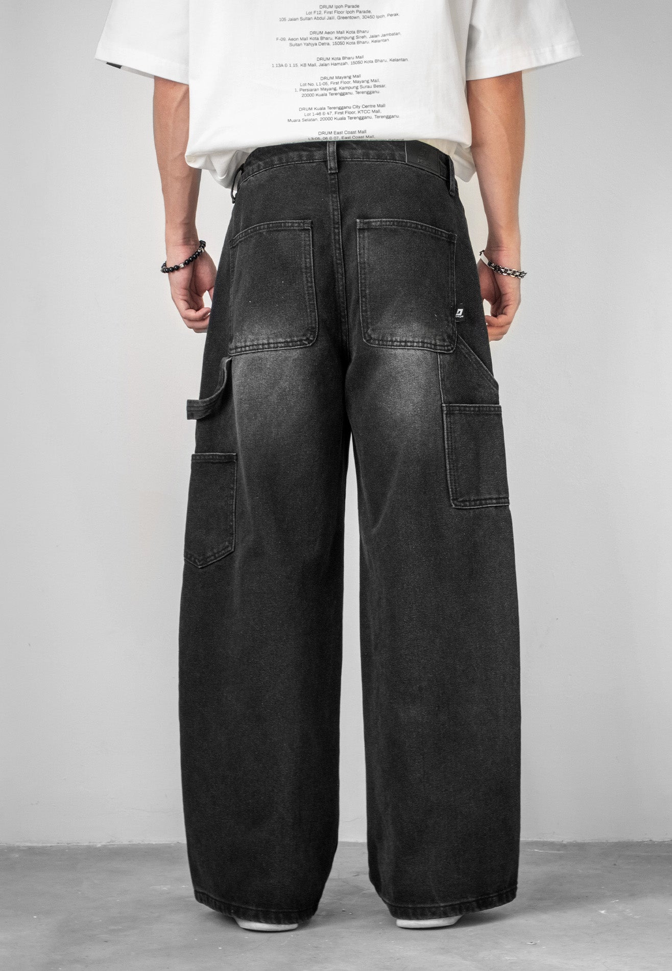 DRUM S. Men Classic Double Knee Baggy Jeans- Black