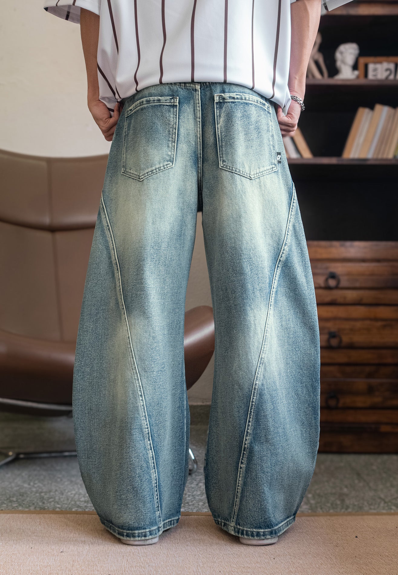 DRUM S. Men Classic Double Knee Baggy Jeans- Light Blue