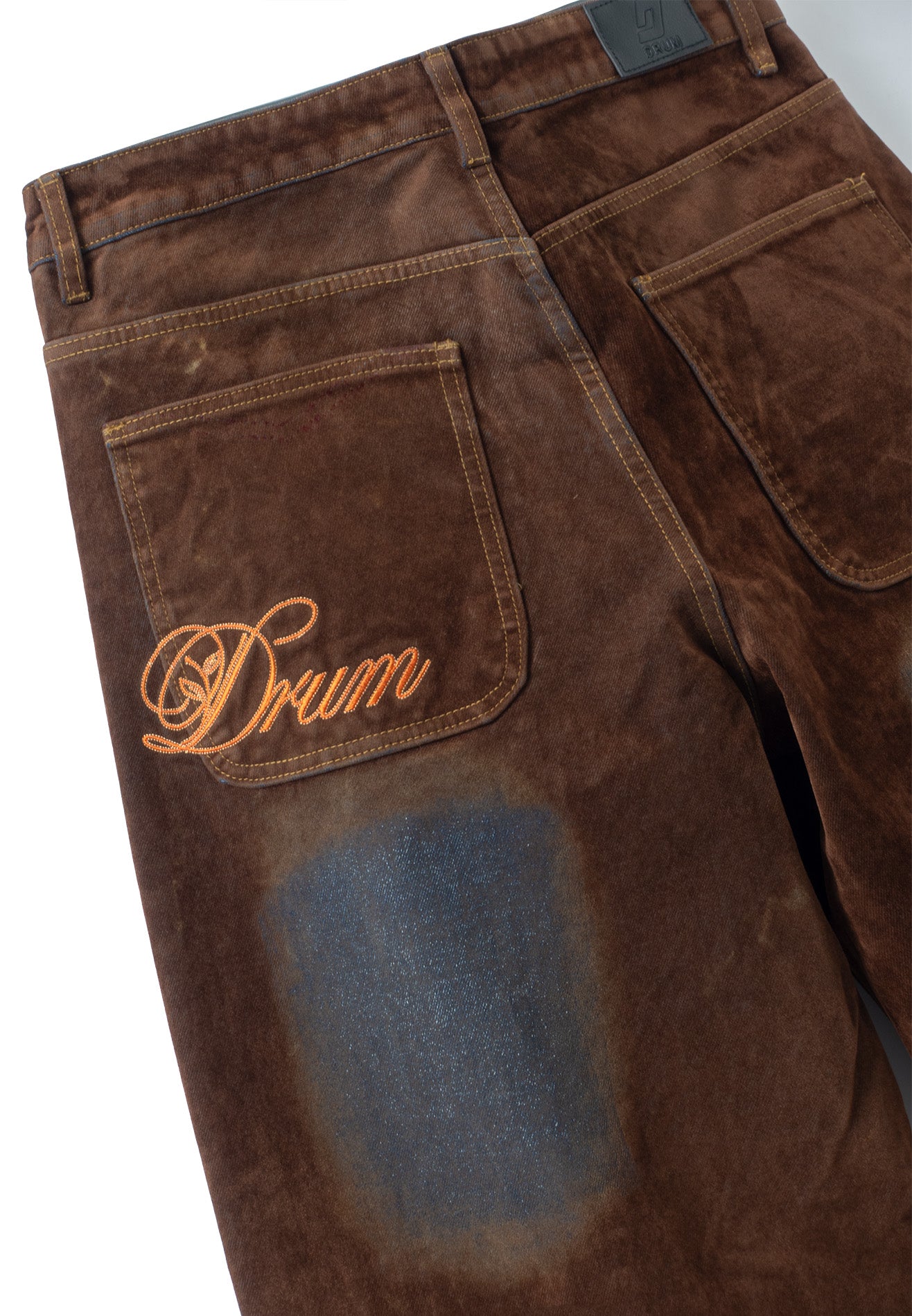 DRUM S. Vintage Washed Flocked Baggy Jeans- Brown