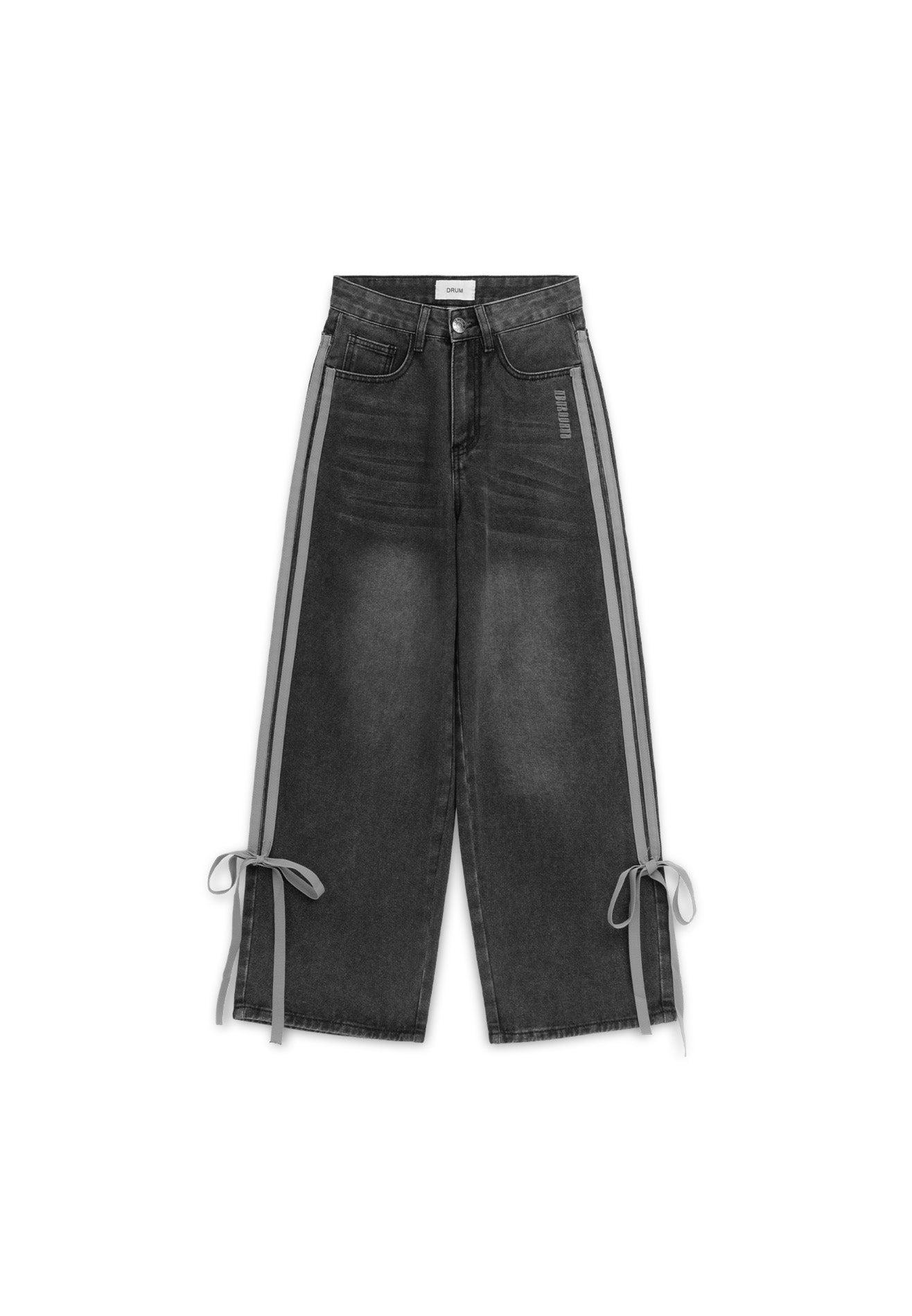 DRUM S. Women Twill Tape Ribbon Baggy Jeans-Dark Grey