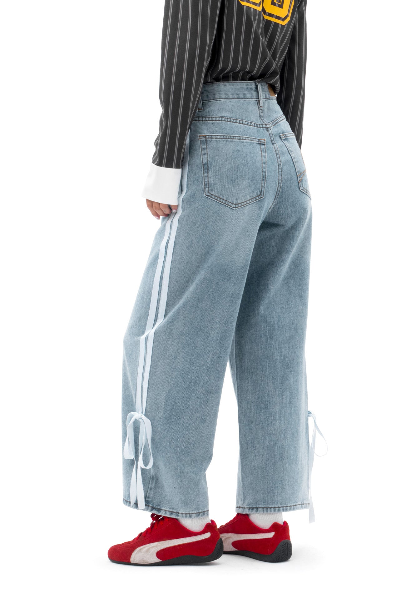 DRUM S. Women Twill Tape Ribbon Baggy Jeans- Light Blue