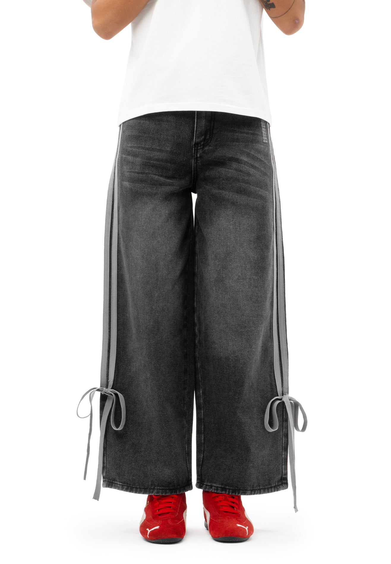 DRUM S. Women Twill Tape Ribbon Baggy Jeans-Dark Grey