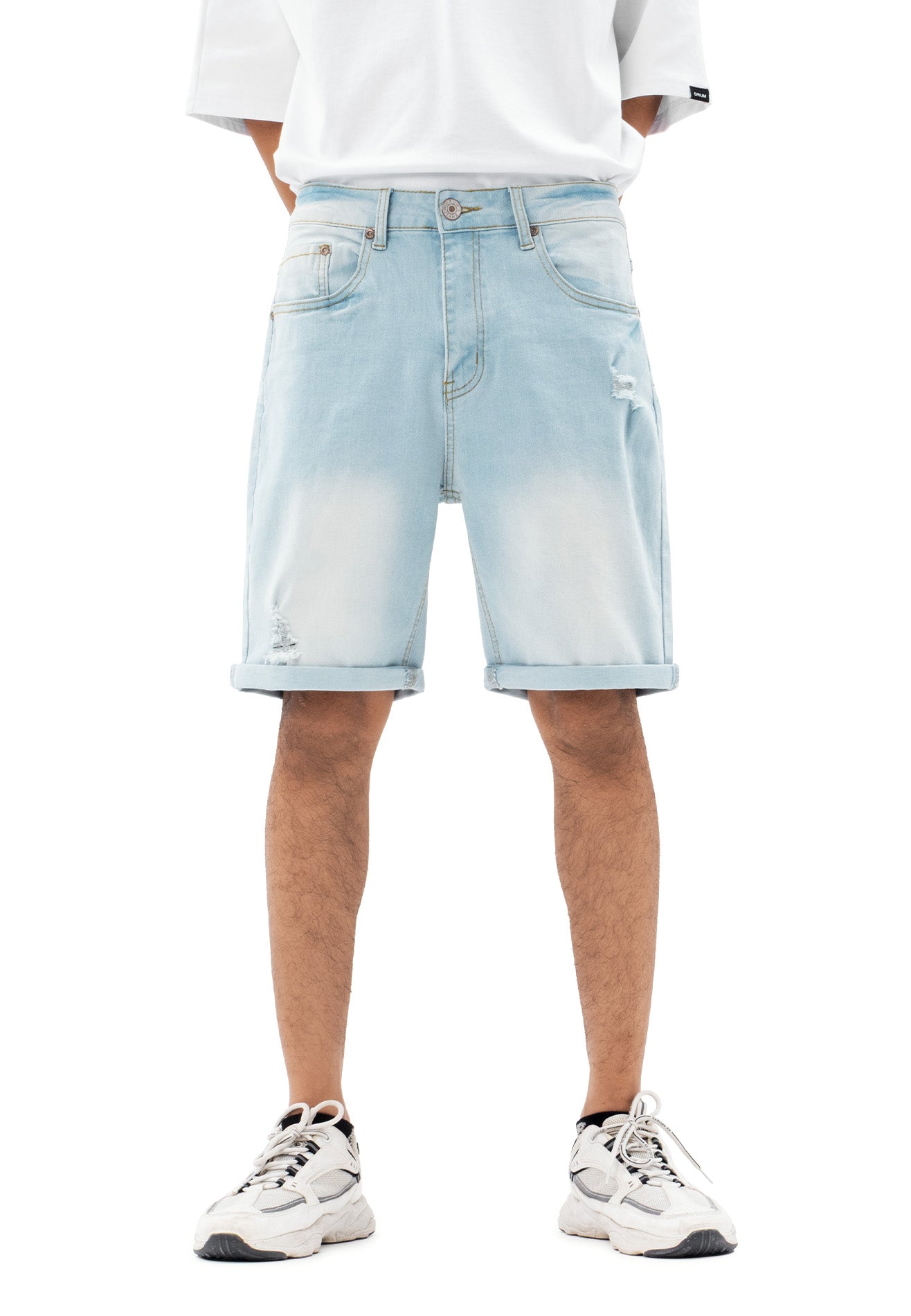 DRUM Classic Ripped Details Short Jeans-Light Blue