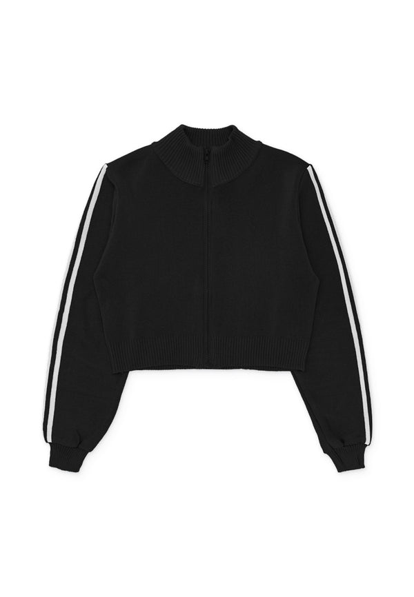 Stripe Details Knit Zip Jacket- Black