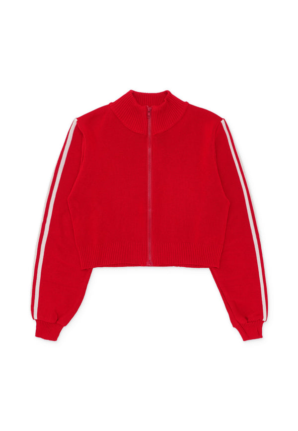 Stripe Details Knit Zip Jacket- Red