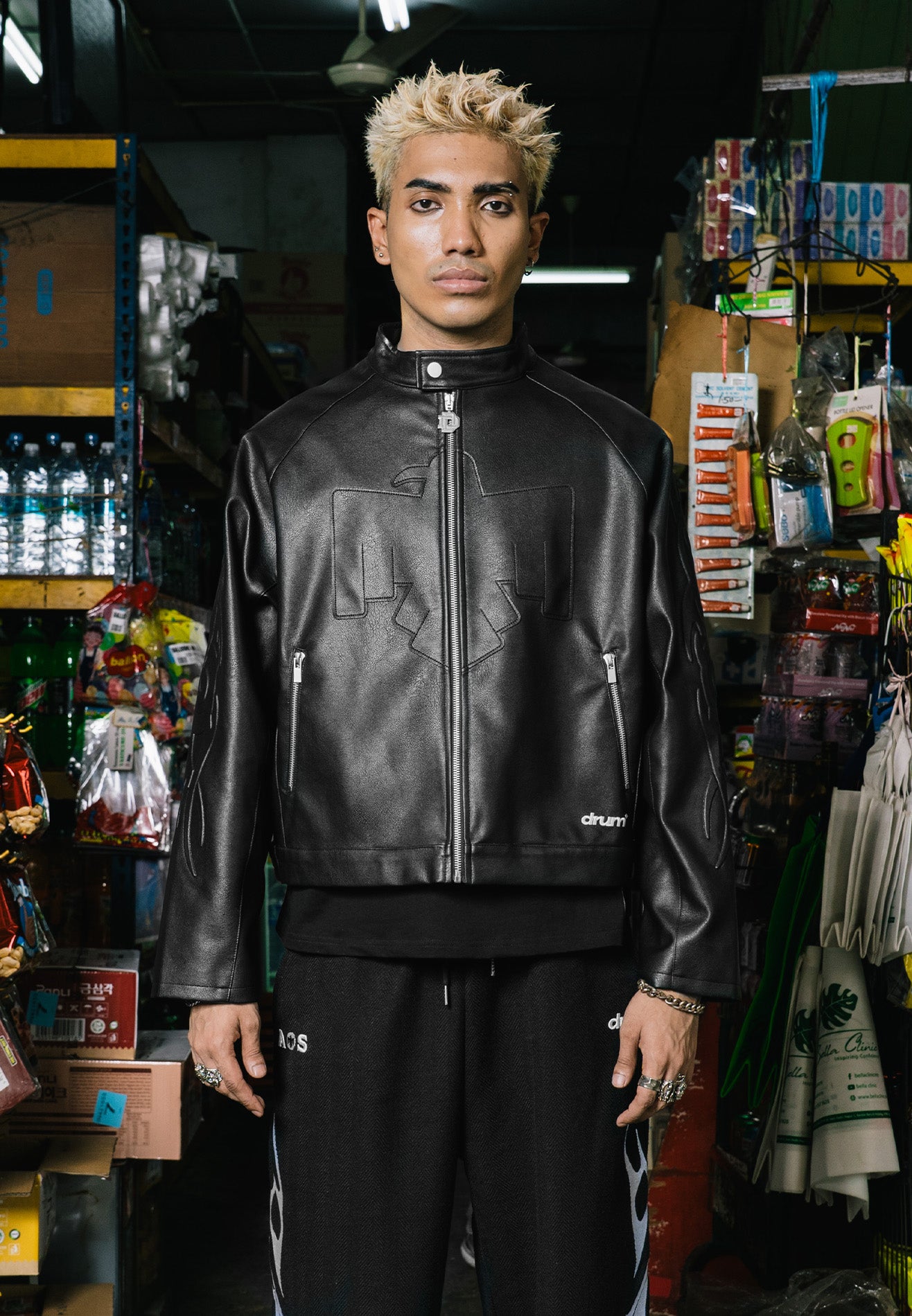 DRUM X AOS 3D Embossed Pu Leather Jacket- Black