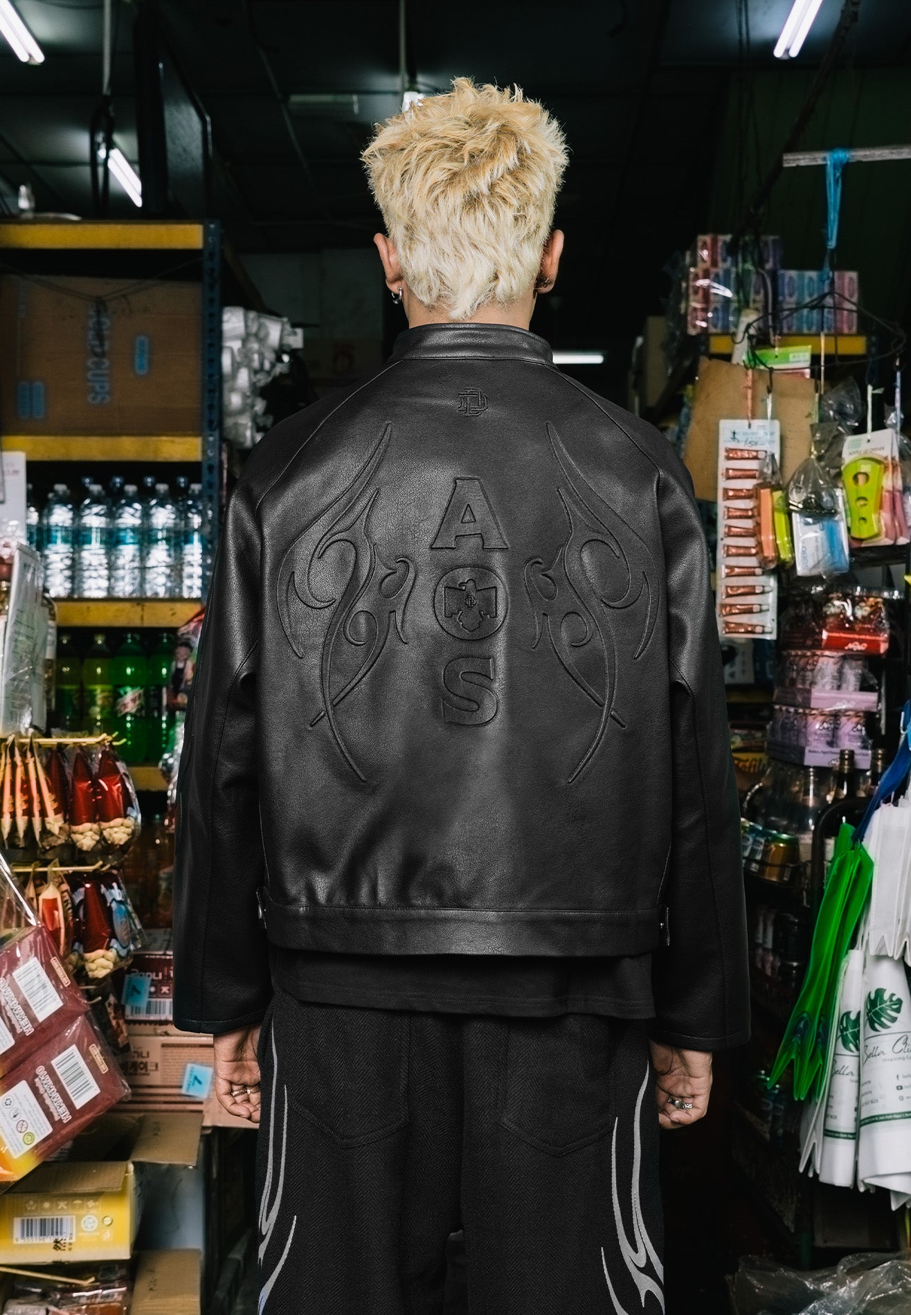 DRUM X AOS 3D Embossed Pu Leather Jacket- Black