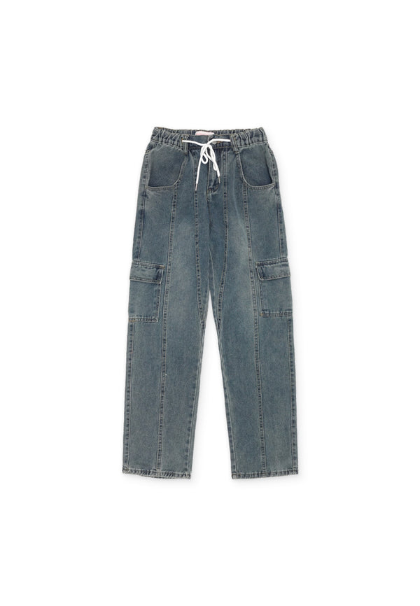 Pocket Cargo Denim Long Jeans- Blue