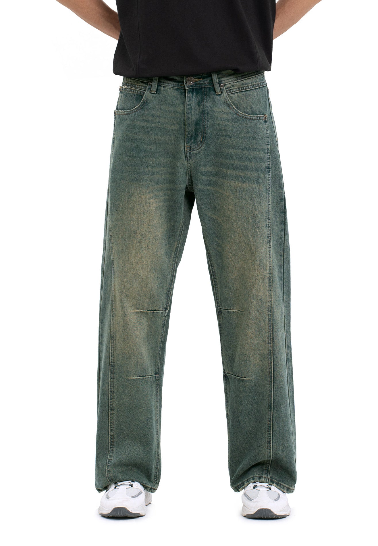 Cut & Sew Washed Baggy Jeans- Blue