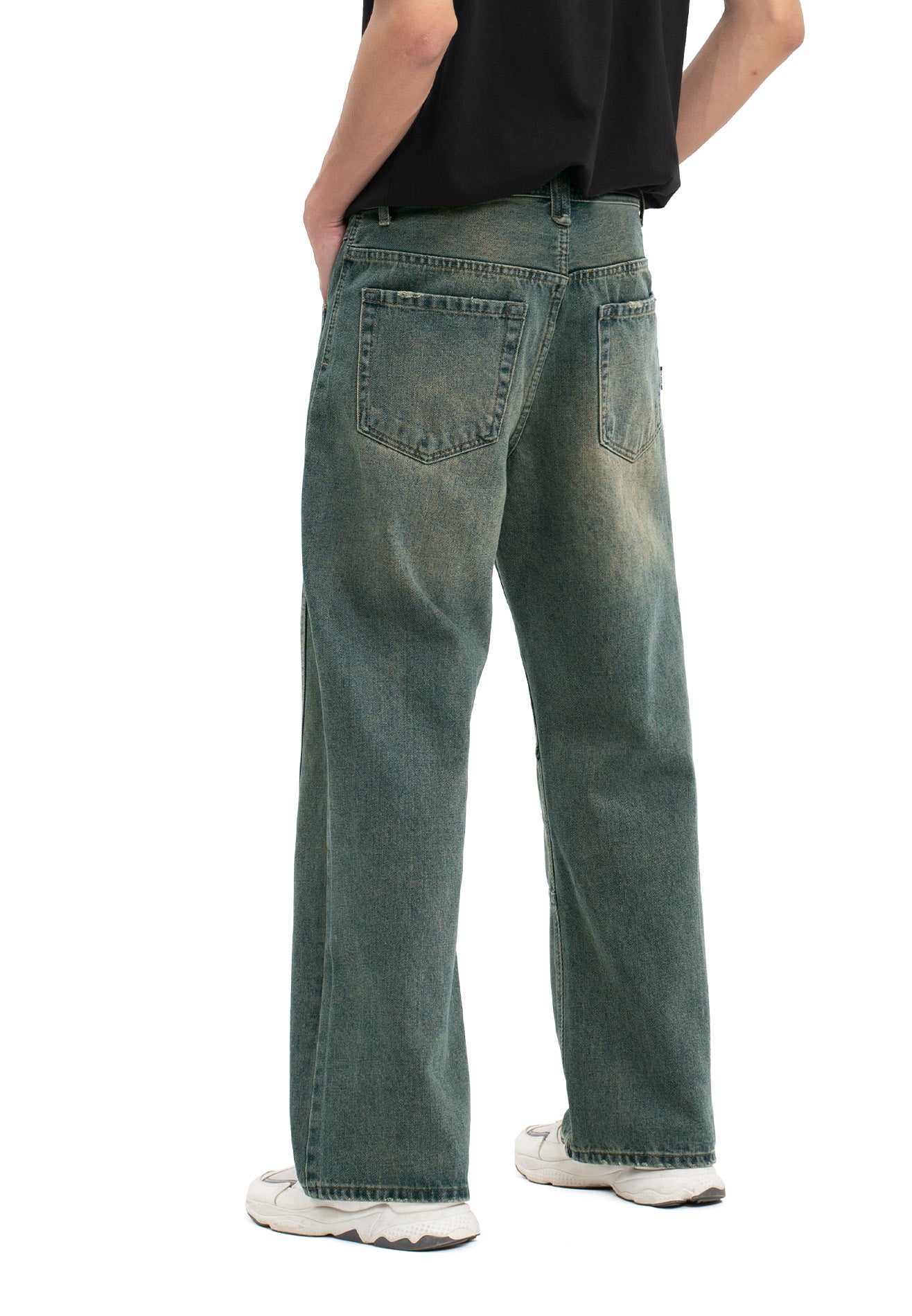 Cut & Sew Washed Baggy Jeans- Blue