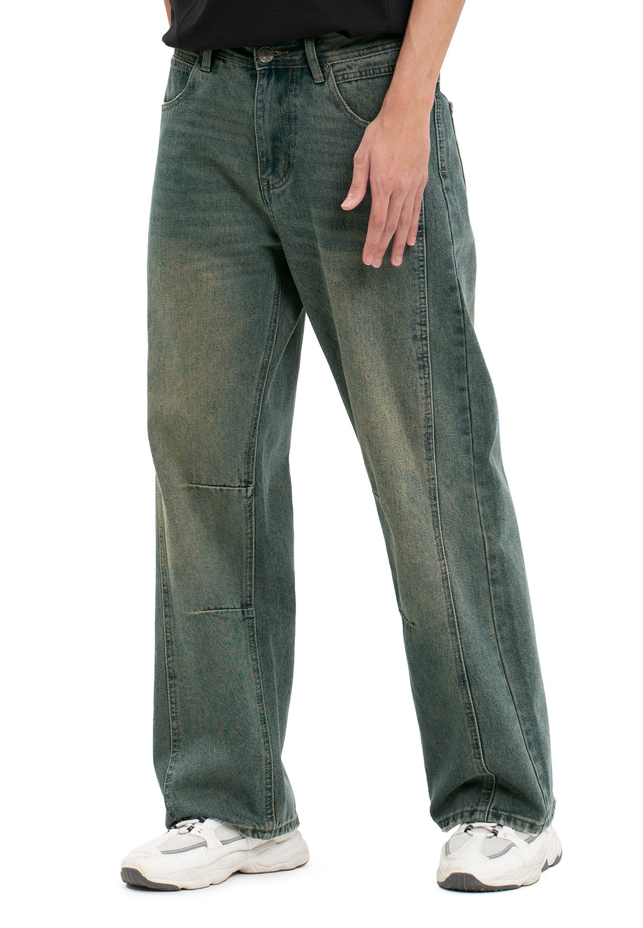 Cut & Sew Washed Baggy Jeans- Blue
