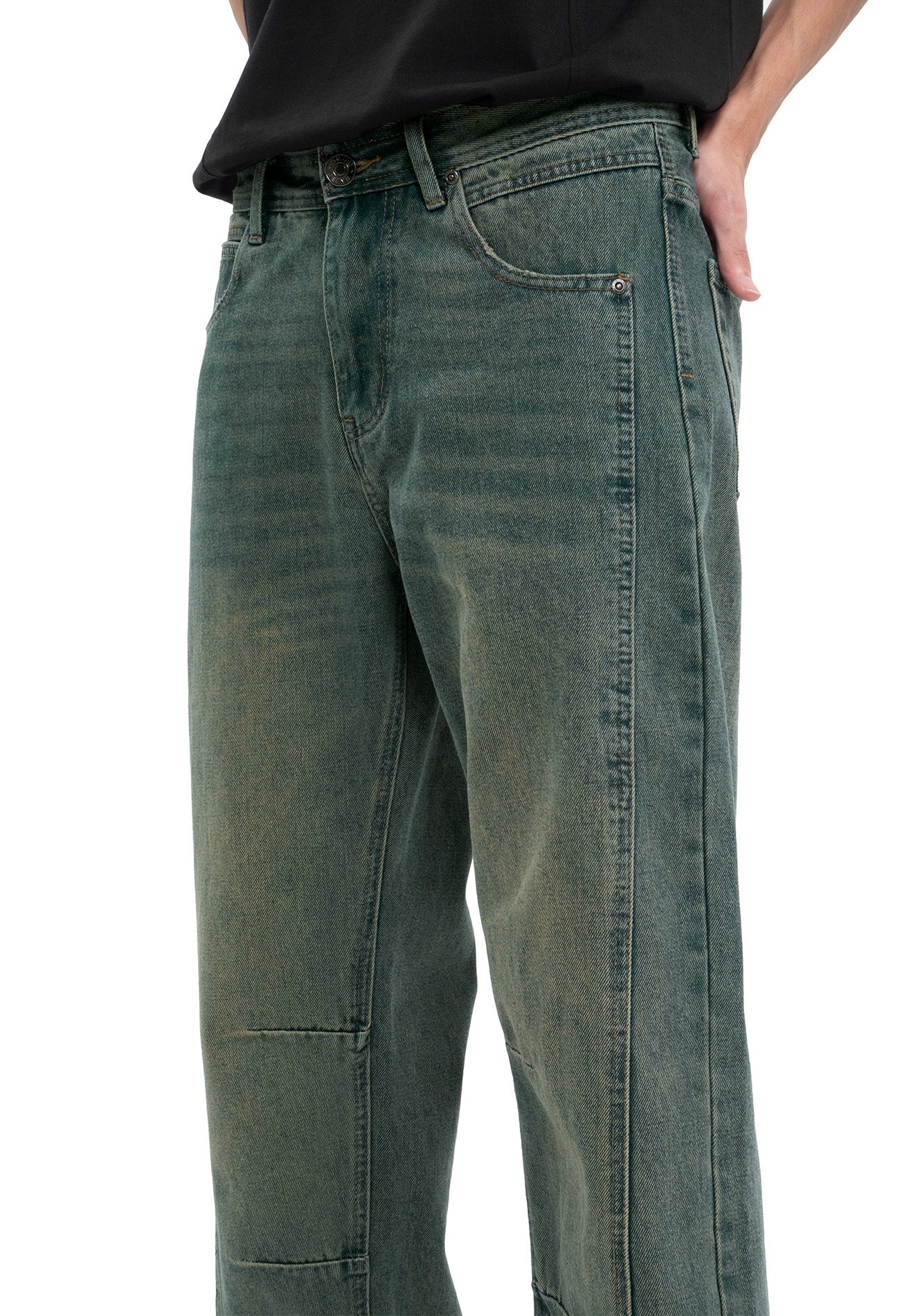Cut & Sew Washed Baggy Jeans- Blue