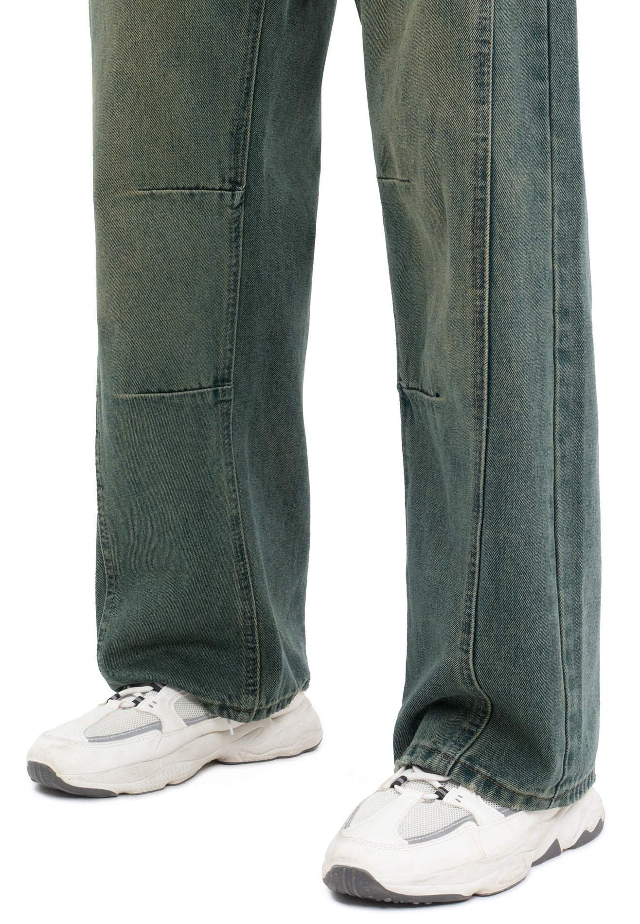 Cut & Sew Washed Baggy Jeans- Blue