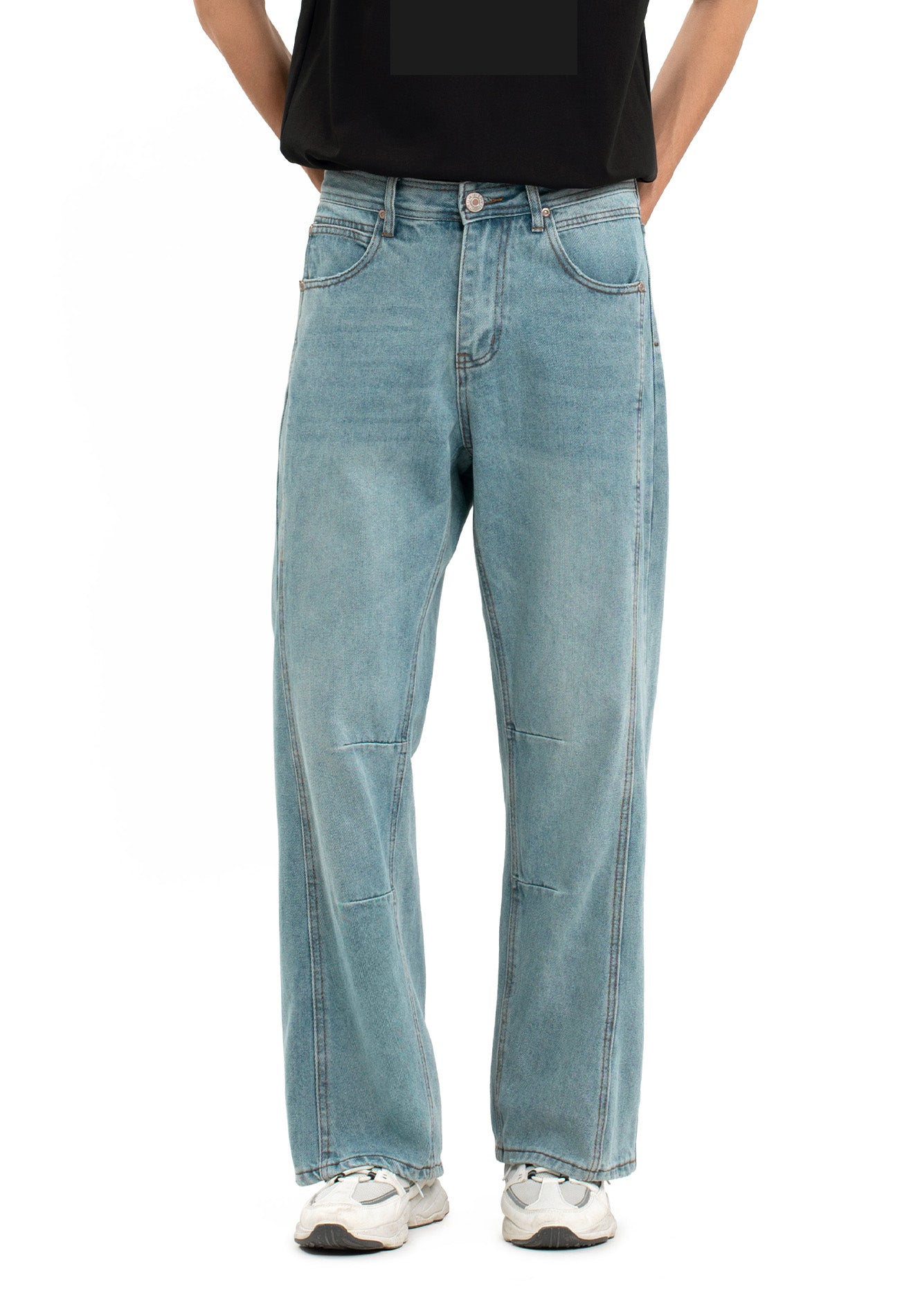 Cut & Sew Washed Baggy Jeans- Light Blue