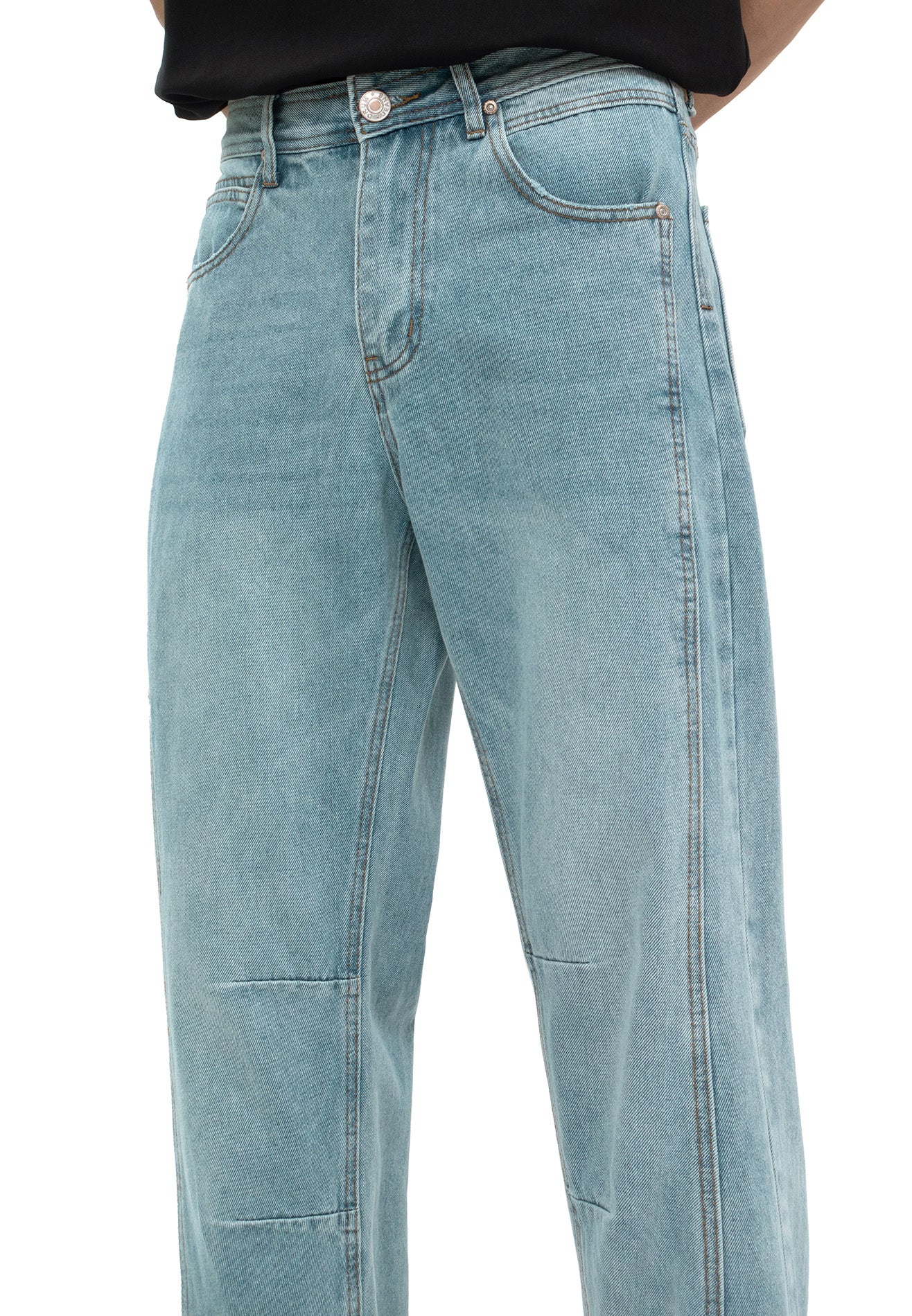Cut & Sew Washed Baggy Jeans- Light Blue