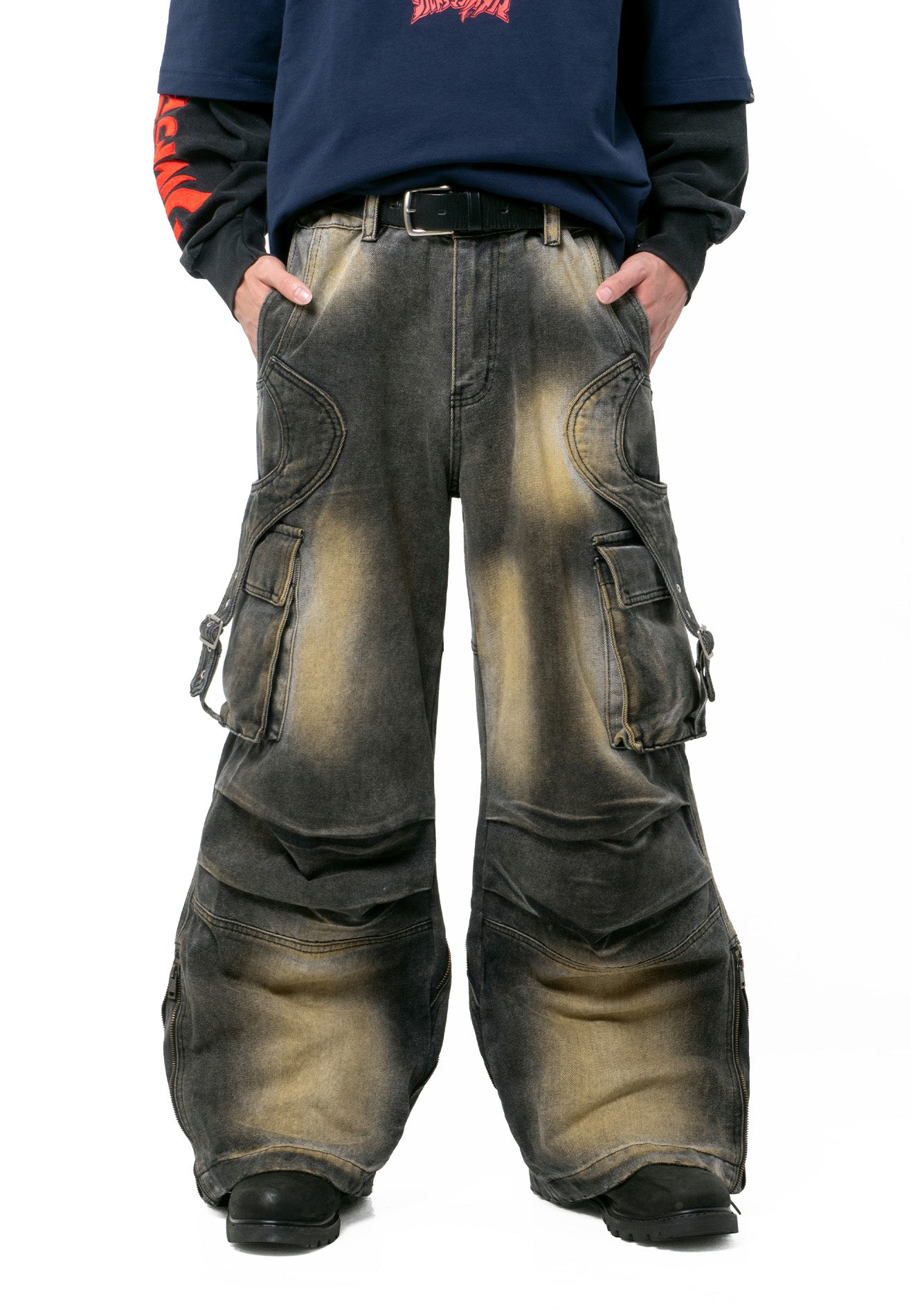 DRUM Zip Details Super Baggy Cargo Jeans- Black