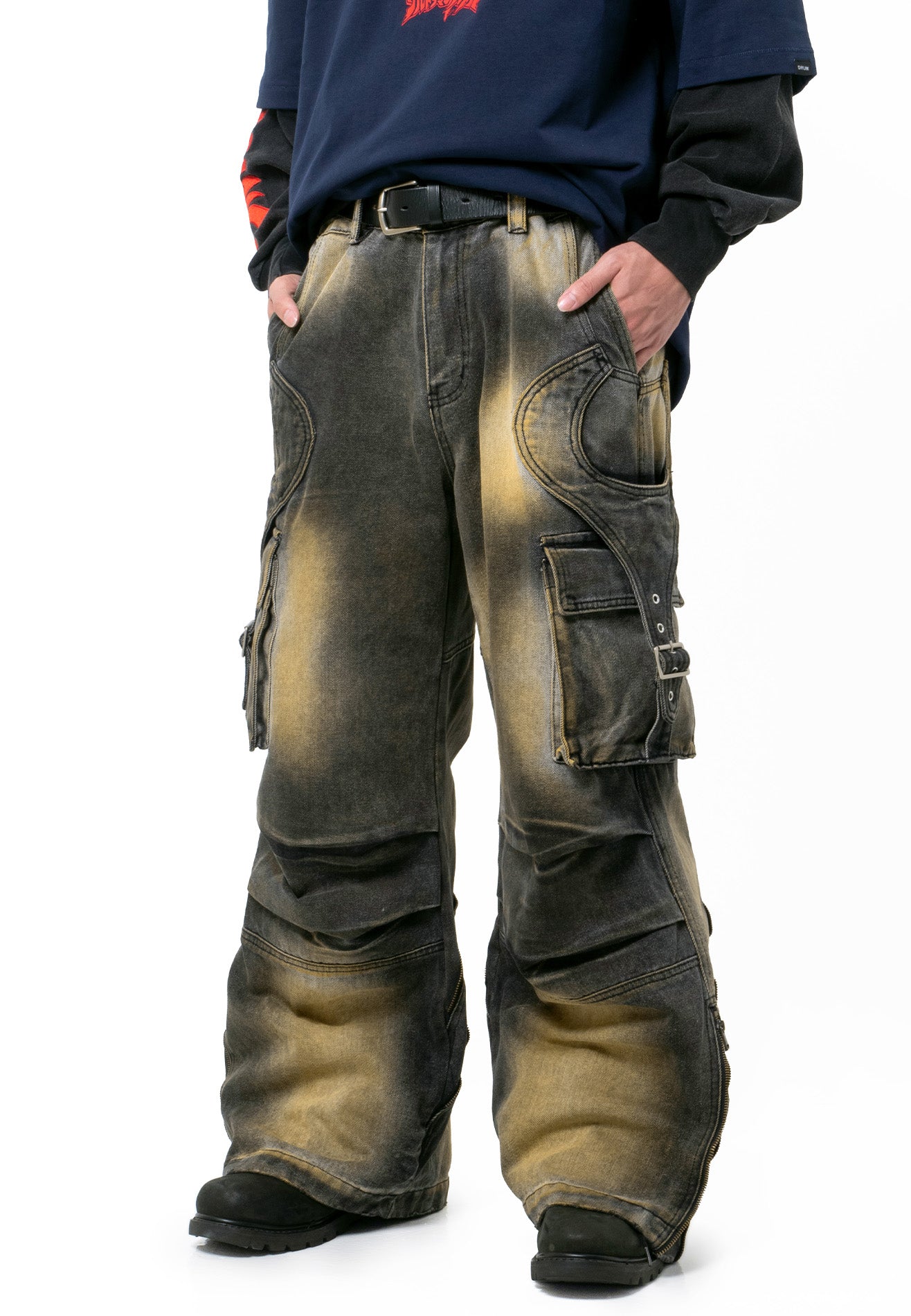 DRUM Zip Details Super Baggy Cargo Jeans- Black