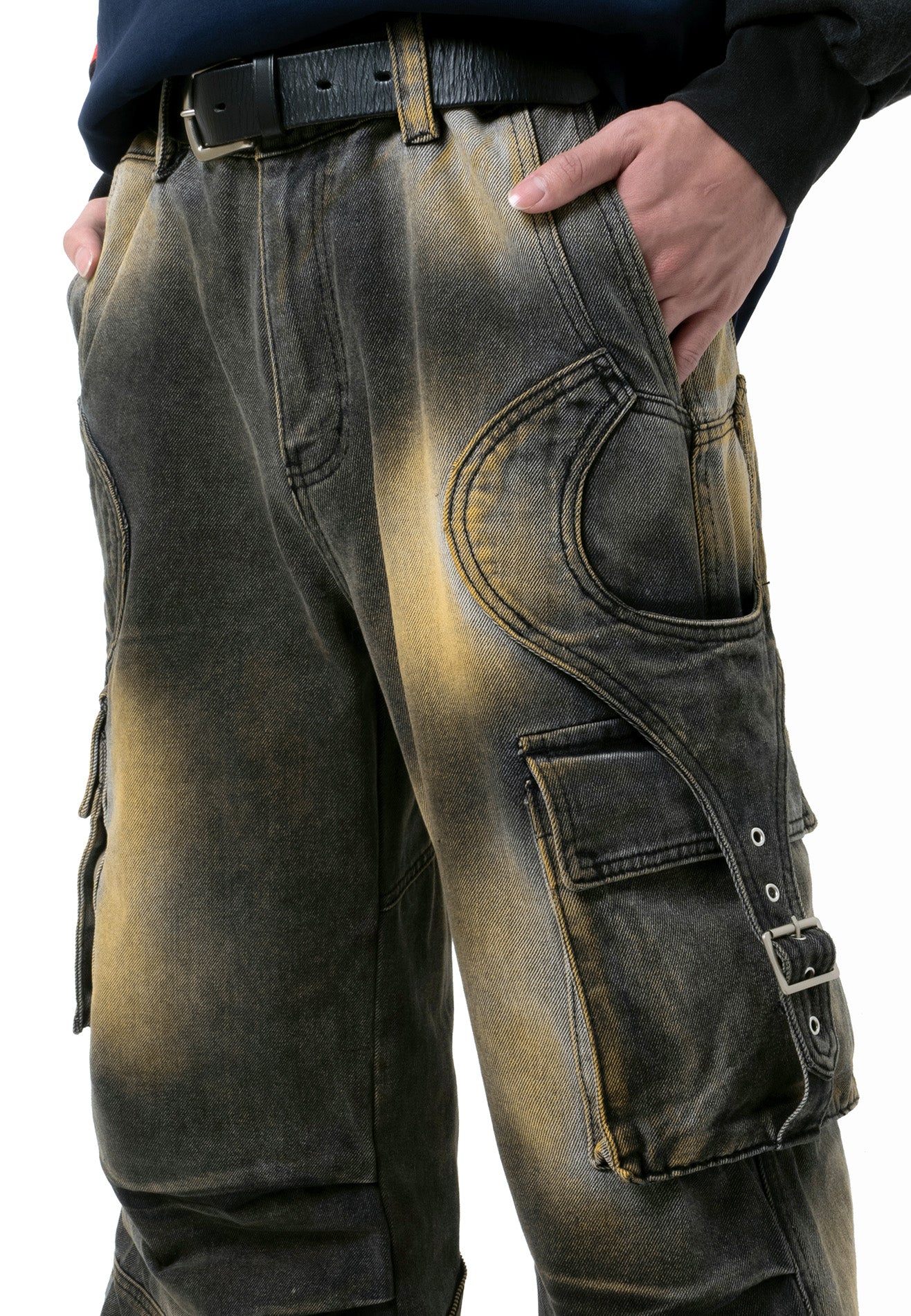 DRUM Zip Details Super Baggy Cargo Jeans- Black