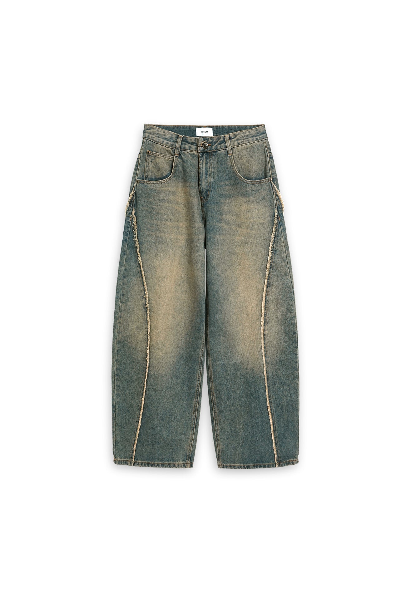 DRUM SELECT Frayed Hem Baggy Jeans- Blue