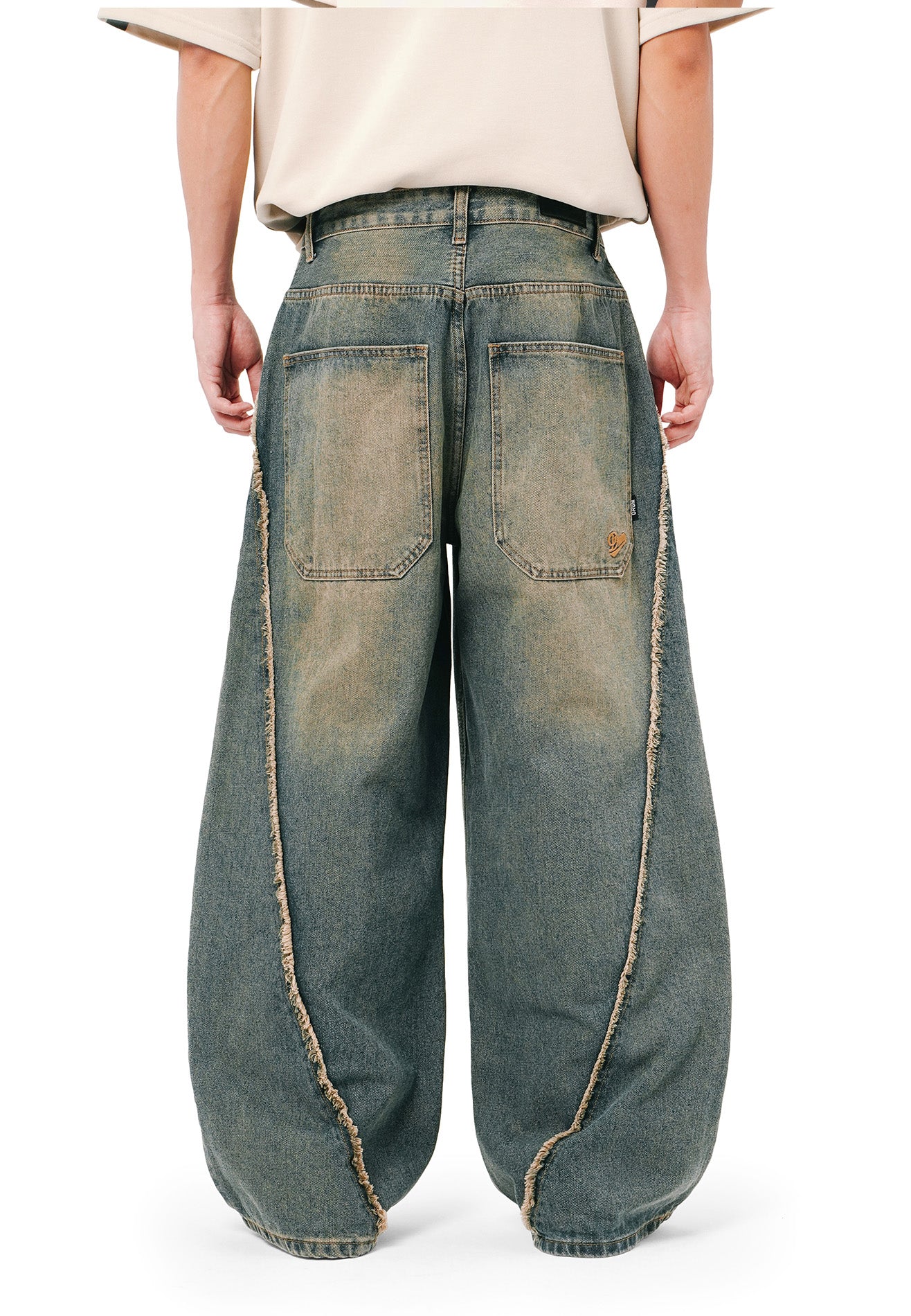 DRUM SELECT Frayed Hem Baggy Jeans- Blue