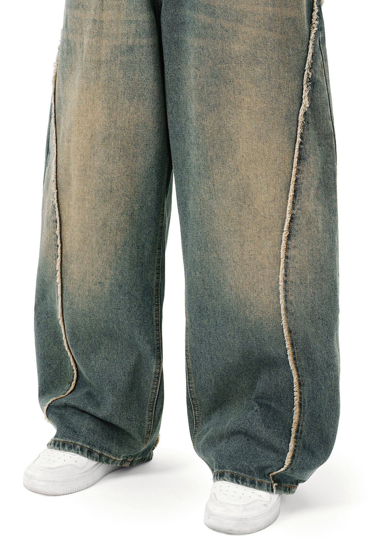 DRUM SELECT Frayed Hem Baggy Jeans- Blue