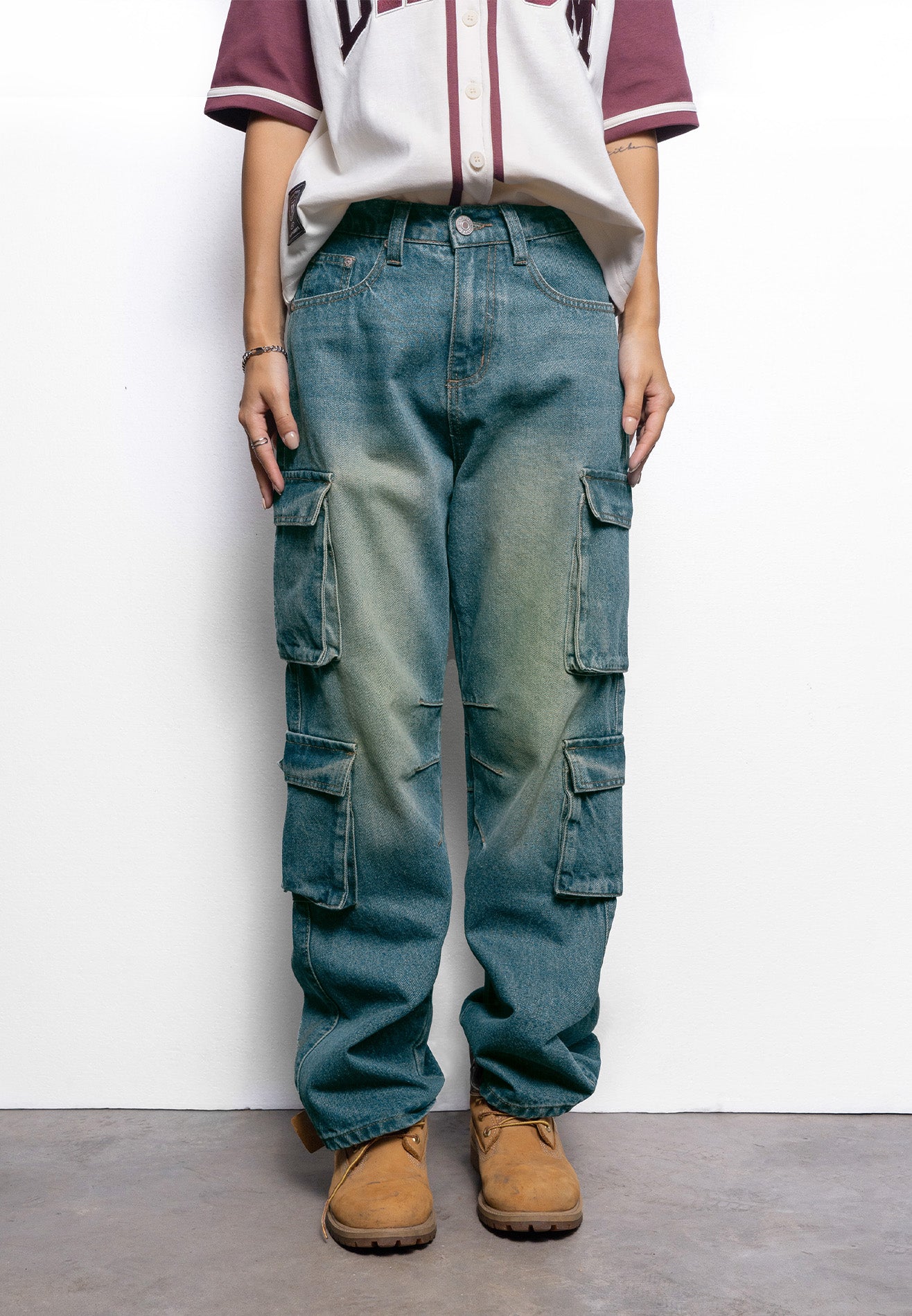 Select Women Denim Washed Pockets details Baggy Jeans- Dark Blue