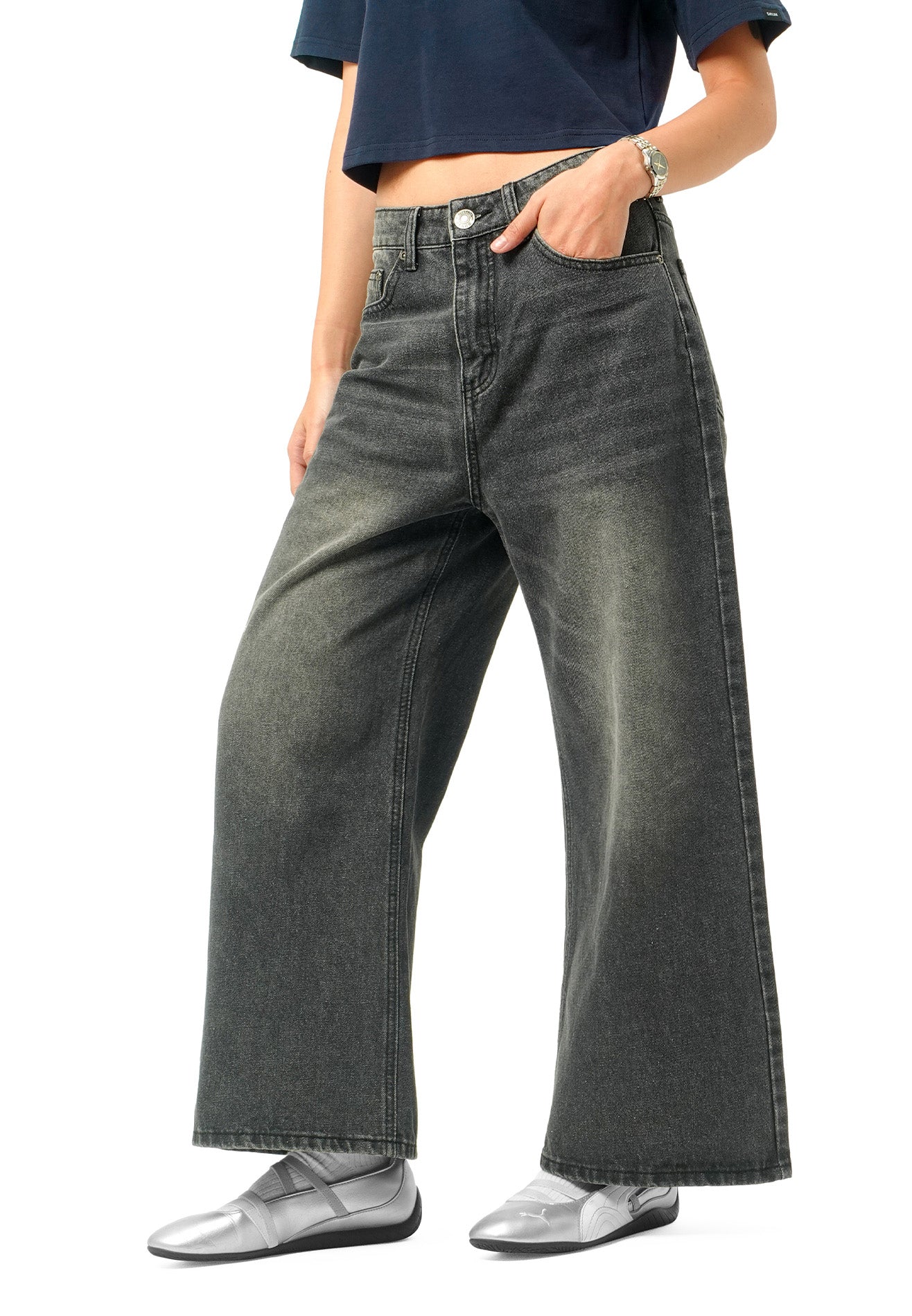 DRUM SELECT Women Wide Flare Long Jeans- Grey