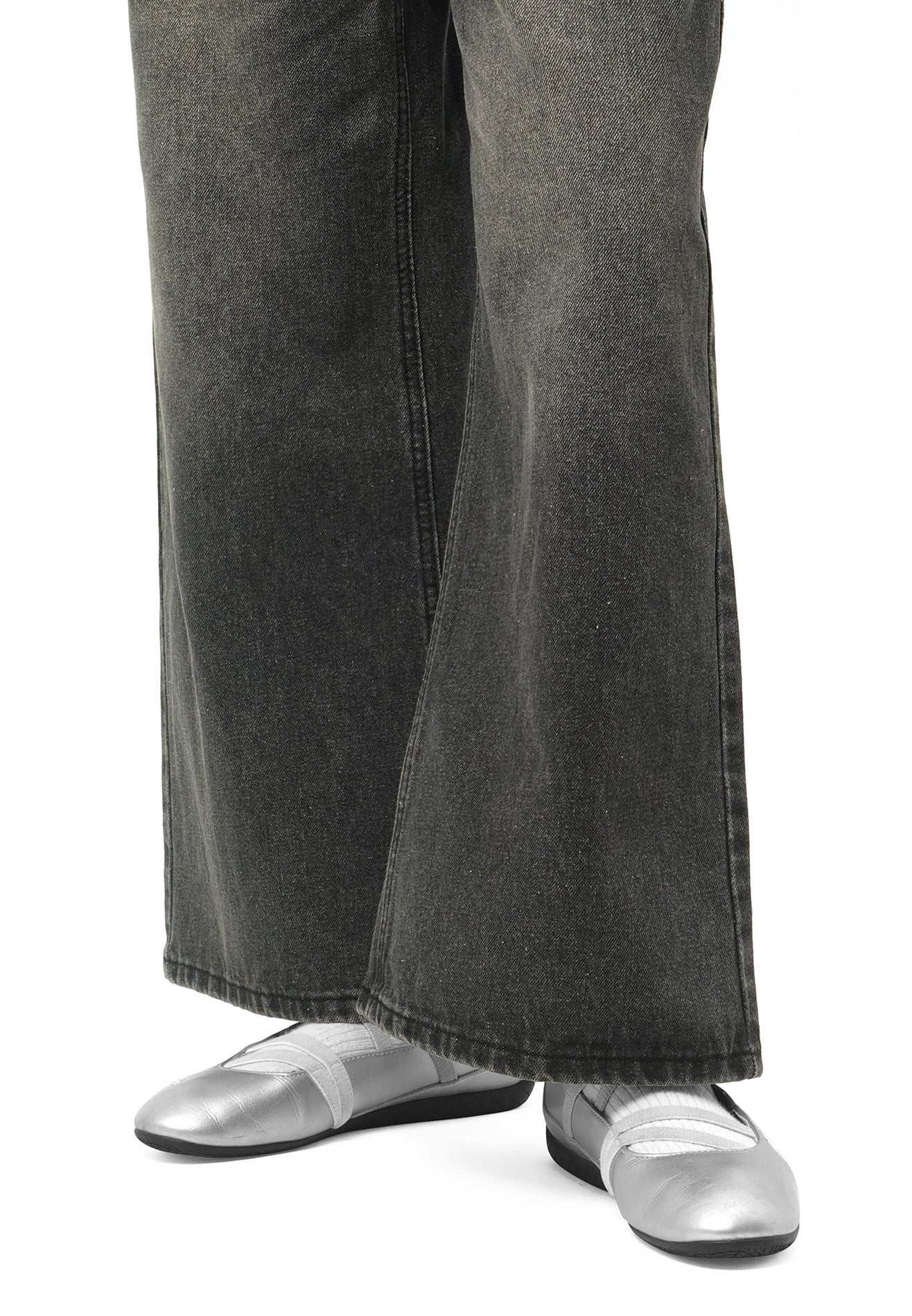 DRUM SELECT Women Wide Flare Long Jeans- Grey