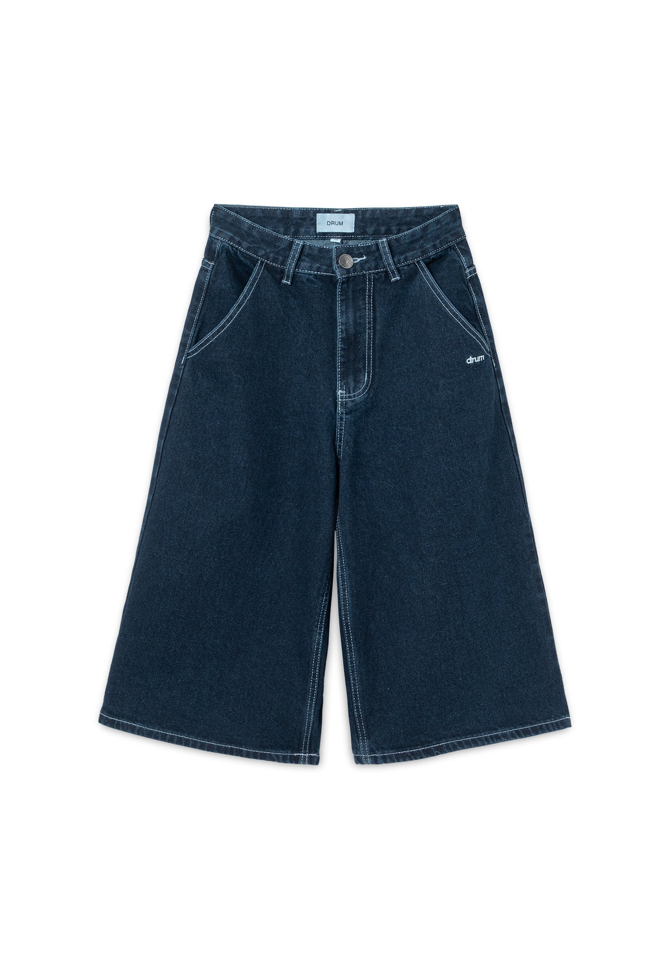 DRUM S. Baggy Denim Jorts with Embroidery Logo- Dark Blue