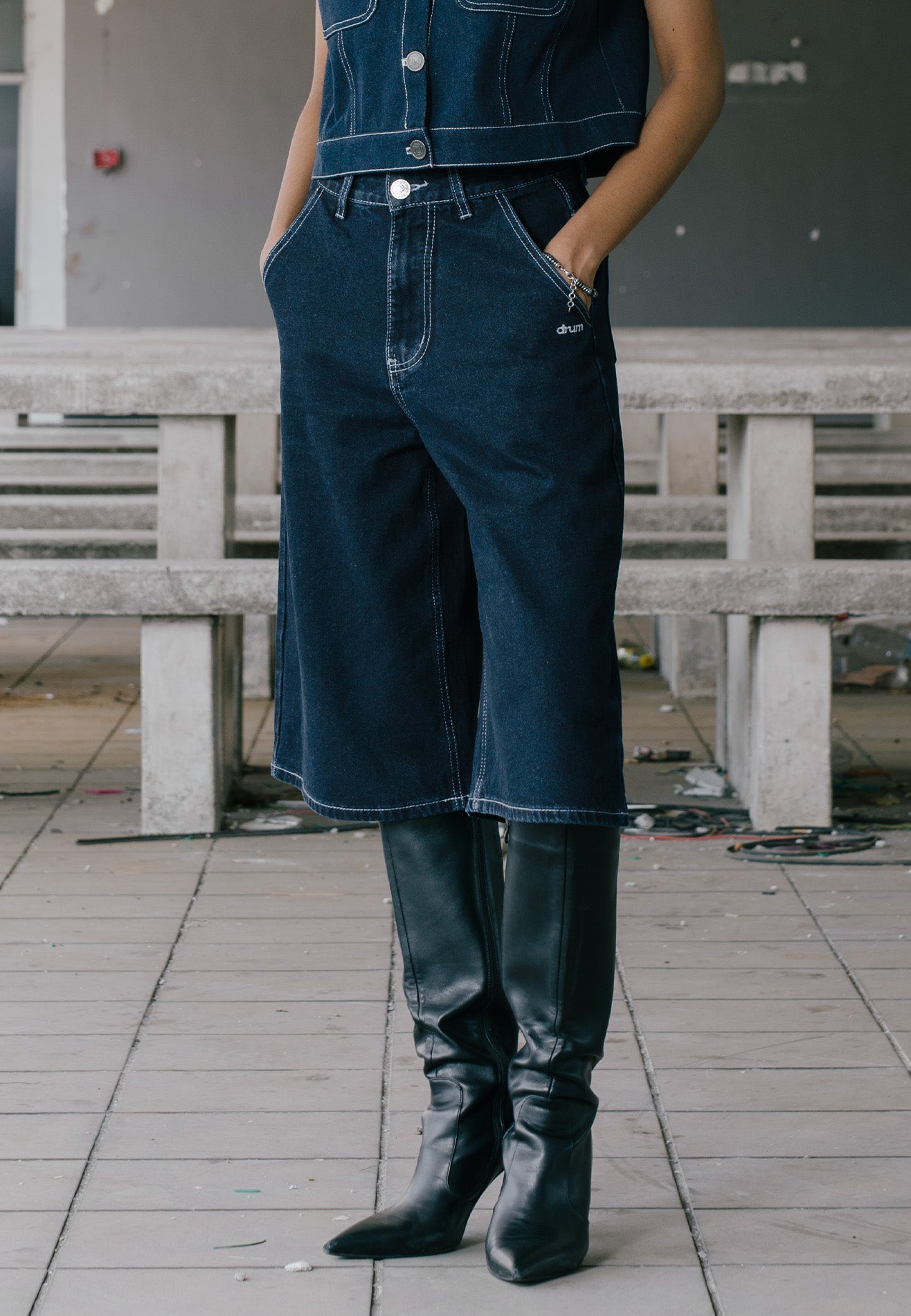 DRUM S. Baggy Denim Jorts with Embroidery Logo- Dark Blue
