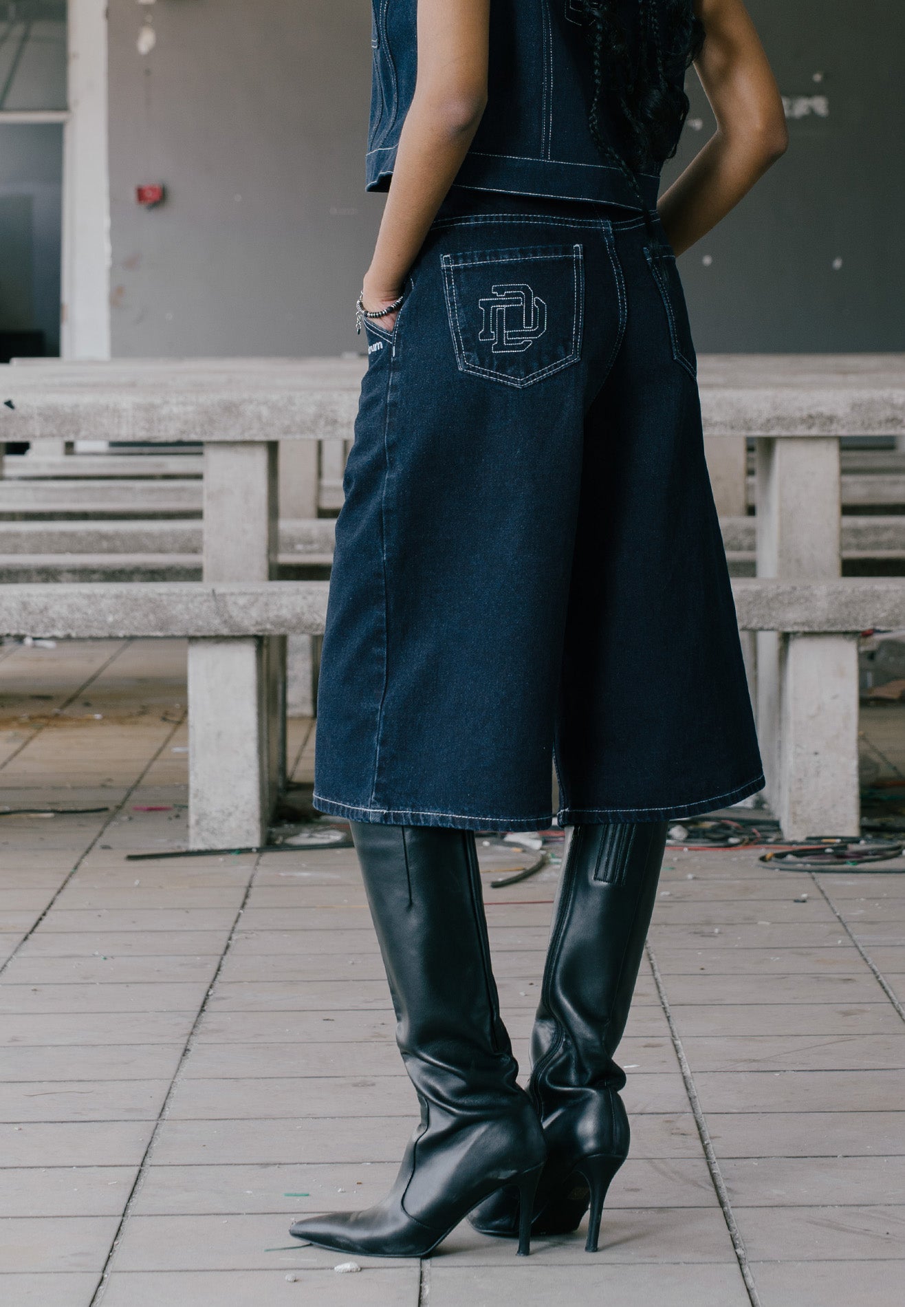 DRUM S. Baggy Denim Jorts with Embroidery Logo- Dark Blue