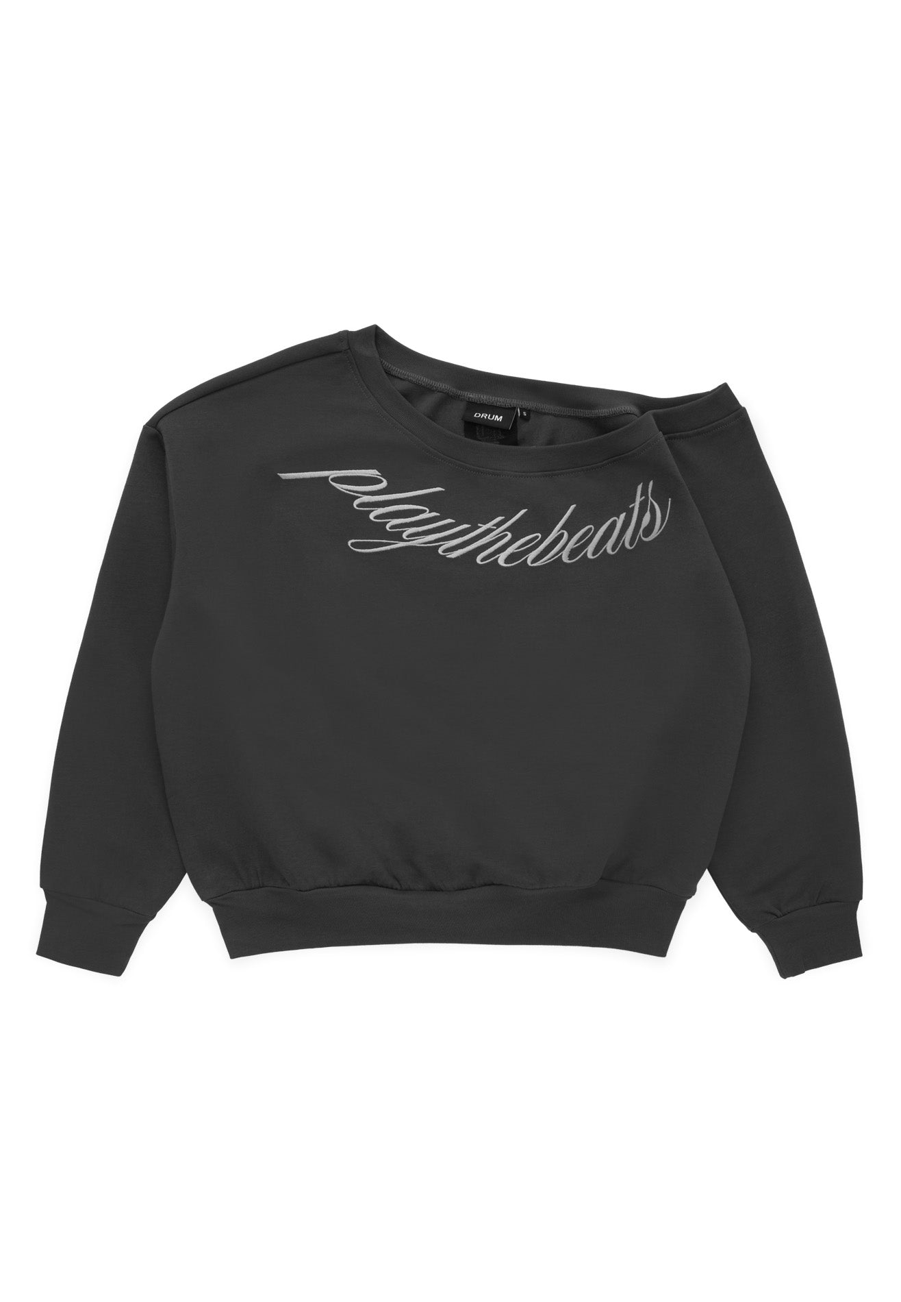 DRUM S. Women Asymmetrical Slogan Embroidery Jumper- Dark Grey