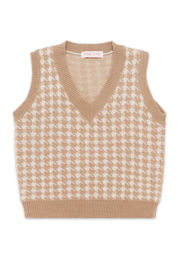 Houndstooth Knitted Sleeve Top- Khaki
